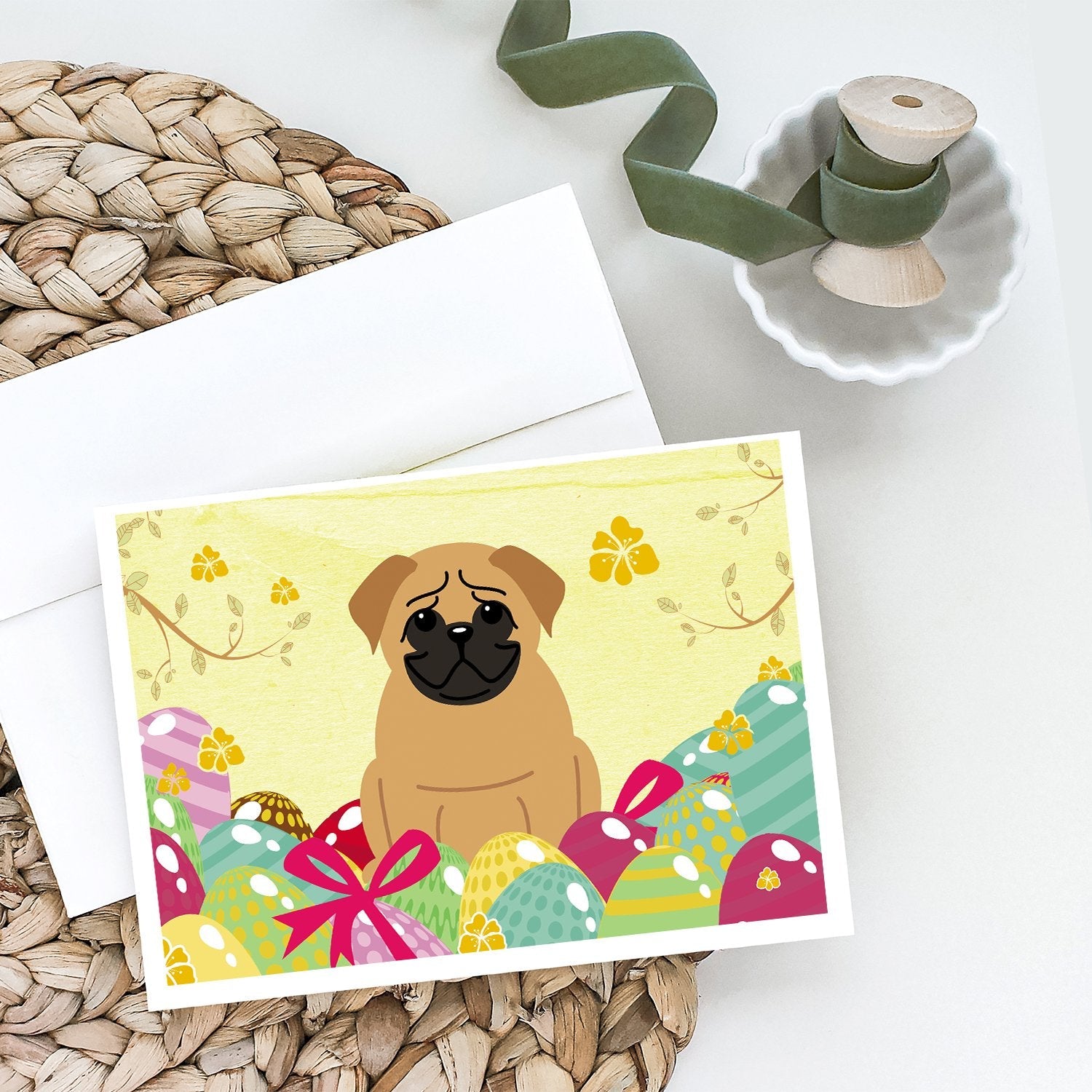Easter Eggs Pug Brown Greeting Cards Pack of 8 Blank Cards with Envelopes Whimsical A7 Size 5x7