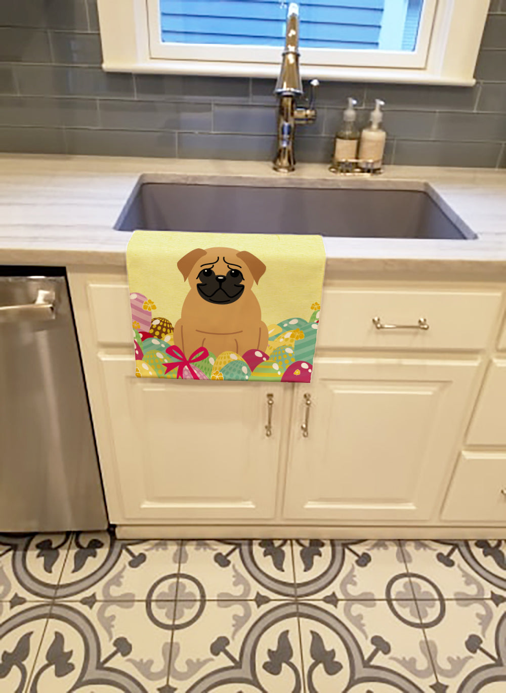 Easter Eggs Pug Brown Kitchen Towel Velour Plush Front and Cotton Loop Back Machine Washable
