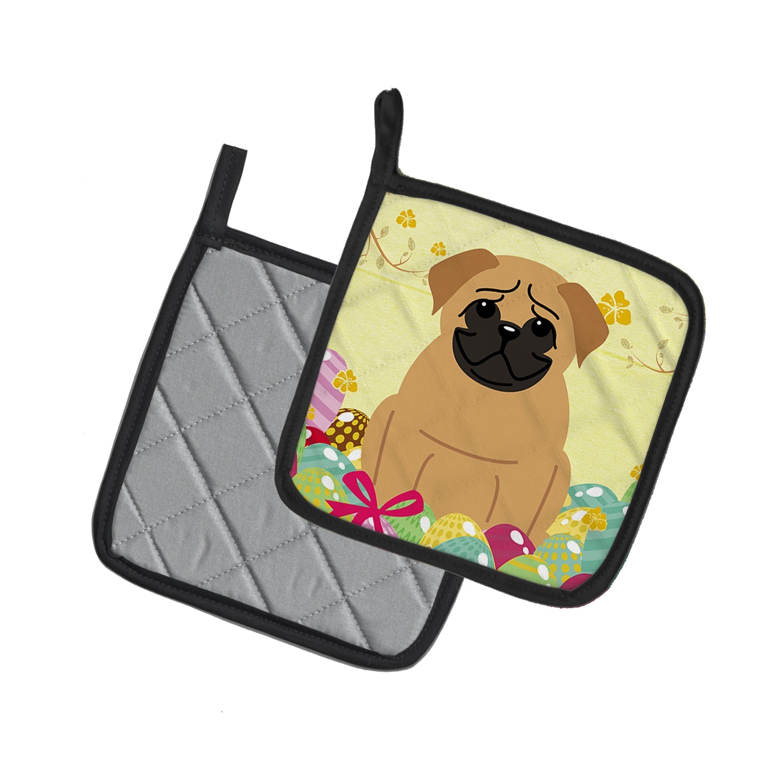 Easter Eggs Pug Brown Pot Holder Set of 2 Heat Resistant Quilted Hot Pads 7.5 x 7.5 Inch, Insulated Kitchen Trivets for Cooking & Baking