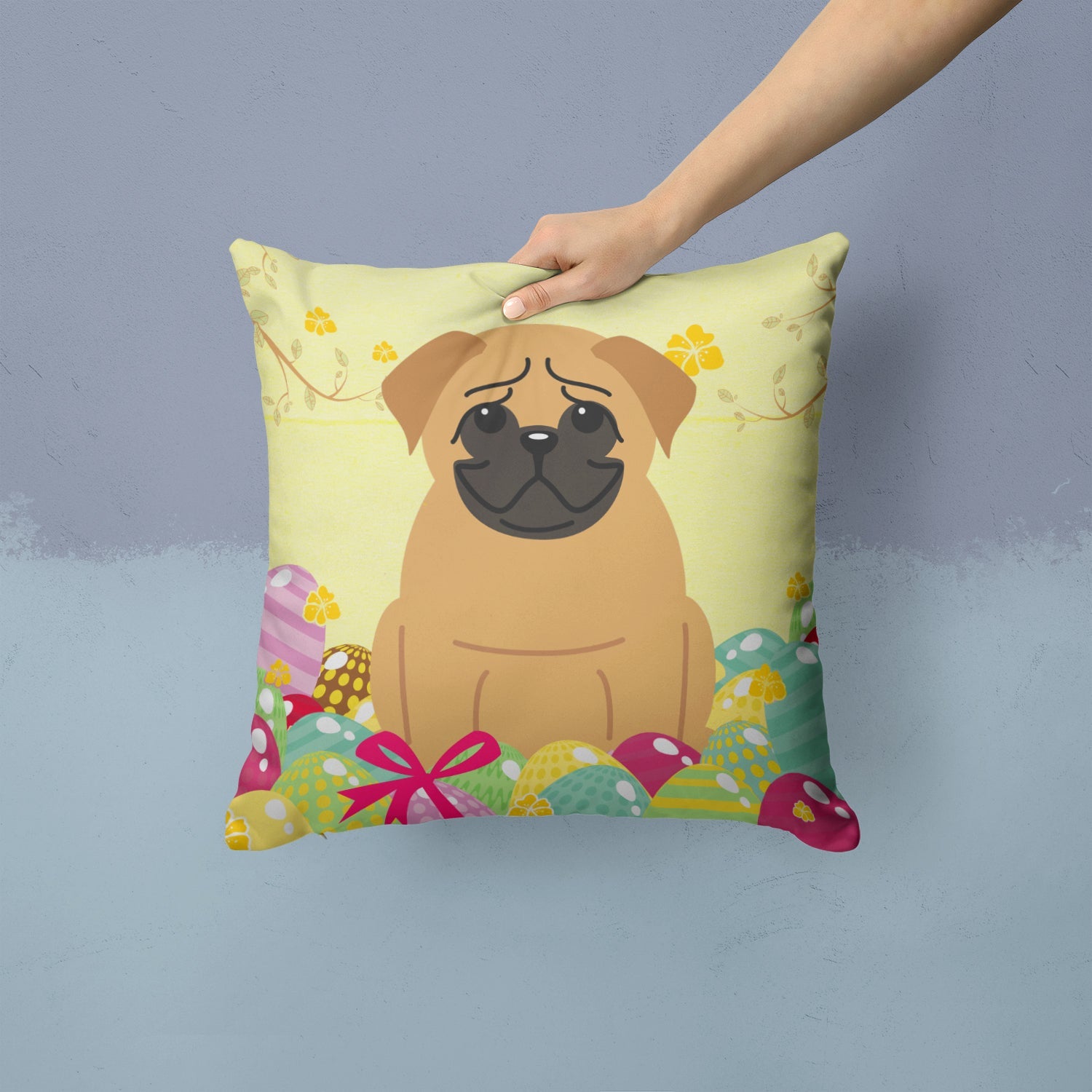 Easter Eggs Pug Brown Decorative Throw Pillow 14x14 Indoor Outdoor Accent Cushion, Fabric Cover with Insert for Sofa, Bed, Porch & Living Room