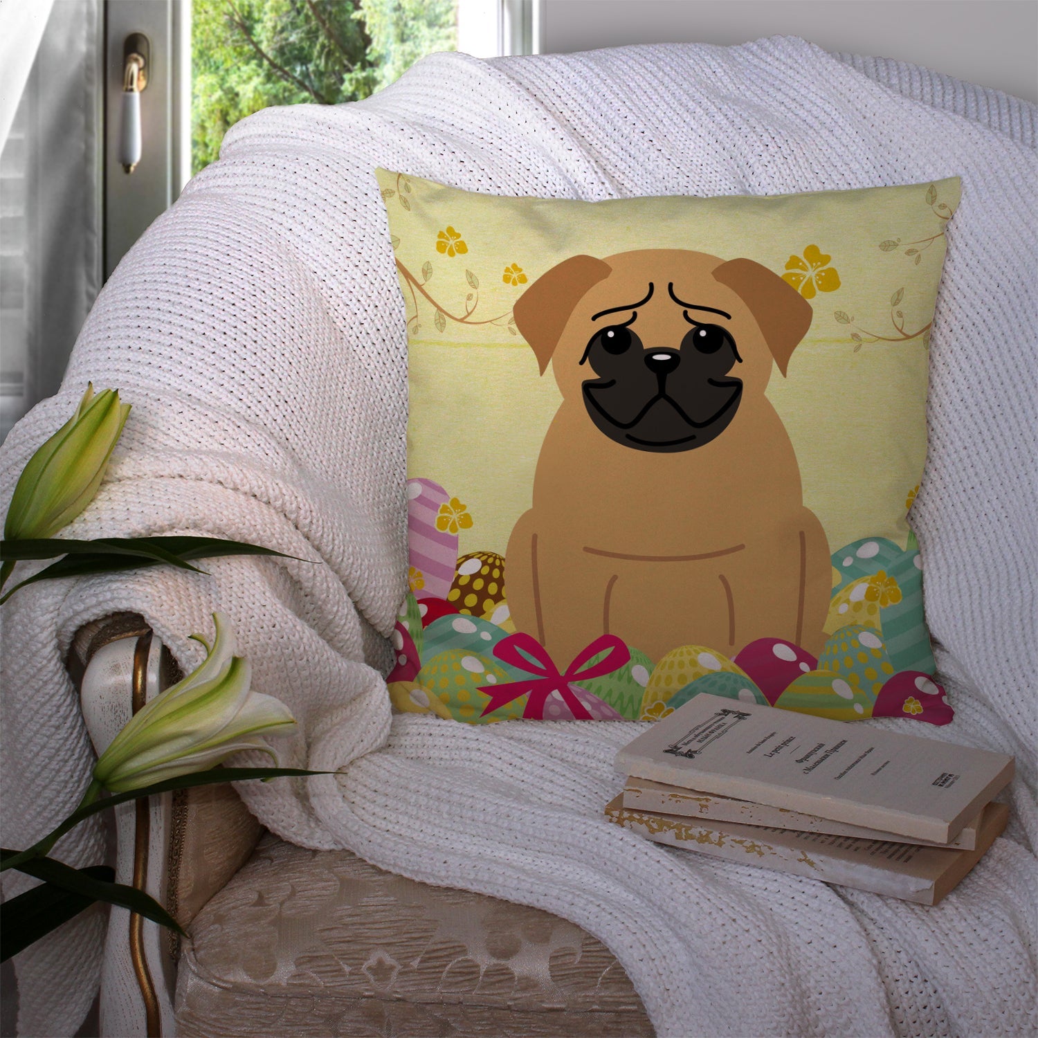 Easter Eggs Pug Brown Decorative Throw Pillow 14x14 Indoor Outdoor Accent Cushion, Fabric Cover with Insert for Sofa, Bed, Porch & Living Room