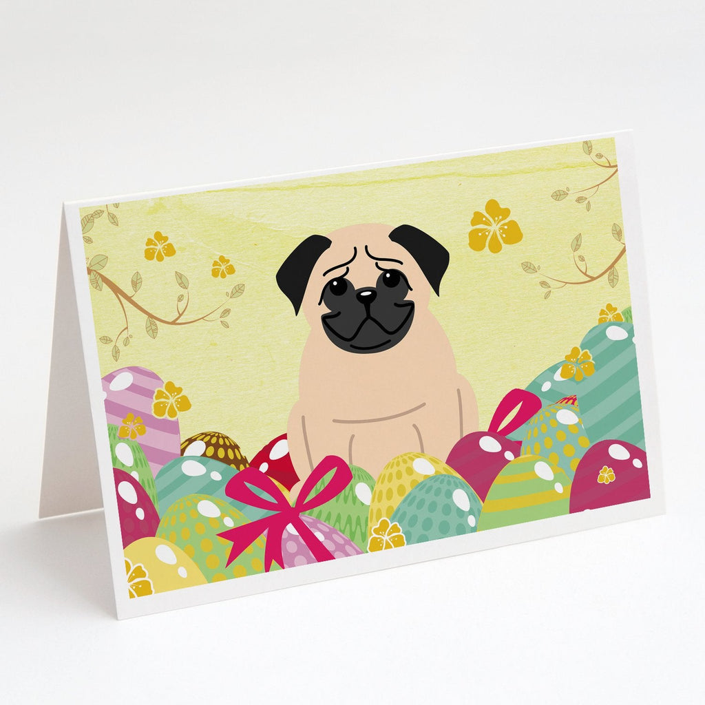 Easter Eggs Pug Fawn Greeting Cards Pack of 8 Blank Cards with Envelopes Whimsical A7 Size 5x7