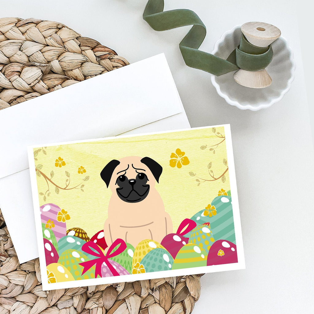 Easter Eggs Pug Fawn Greeting Cards Pack of 8 Blank Cards with Envelopes Whimsical A7 Size 5x7