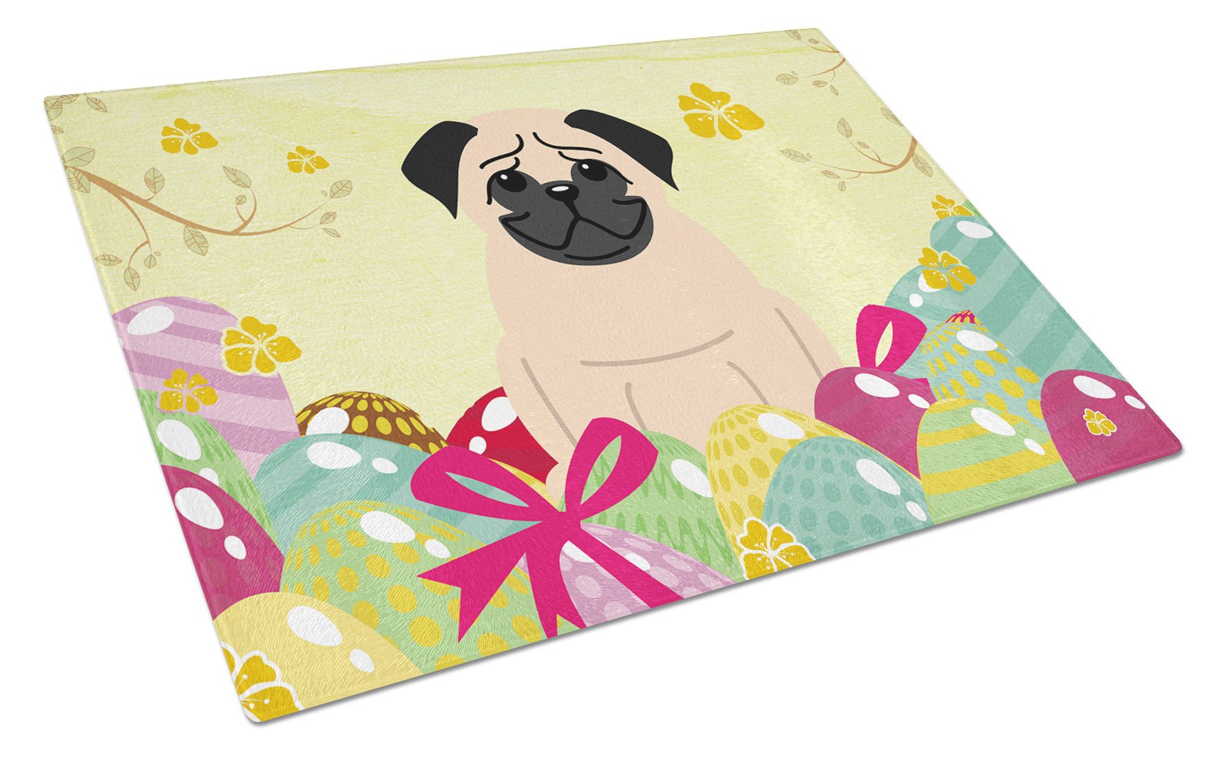 Easter Eggs Pug Fawn Cutting Board Tempered Glass Kitchen Cutting Surface, Heat Resistant Chopping, Non-Slip Feet, Food Prep & Serving
