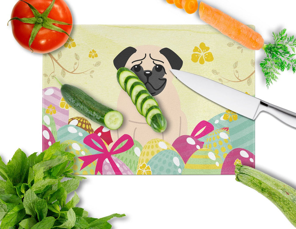 Easter Eggs Pug Fawn Cutting Board Tempered Glass Kitchen Cutting Surface, Heat Resistant Chopping, Non-Slip Feet, Food Prep & Serving