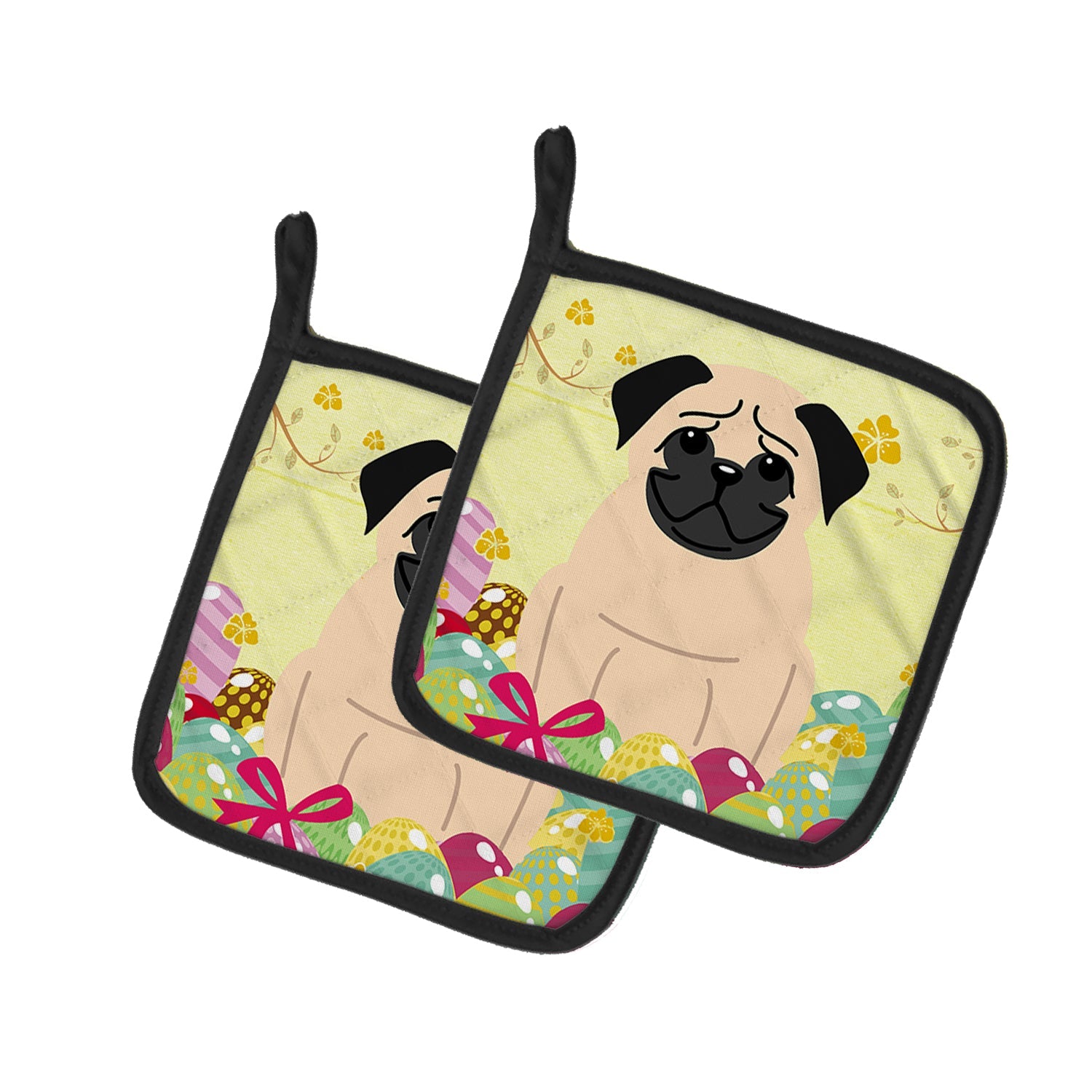 Easter Eggs Pug Fawn Pot Holder Set of 2 Heat Resistant Quilted Hot Pads 7.5 x 7.5 Inch, Insulated Kitchen Trivets for Cooking & Baking