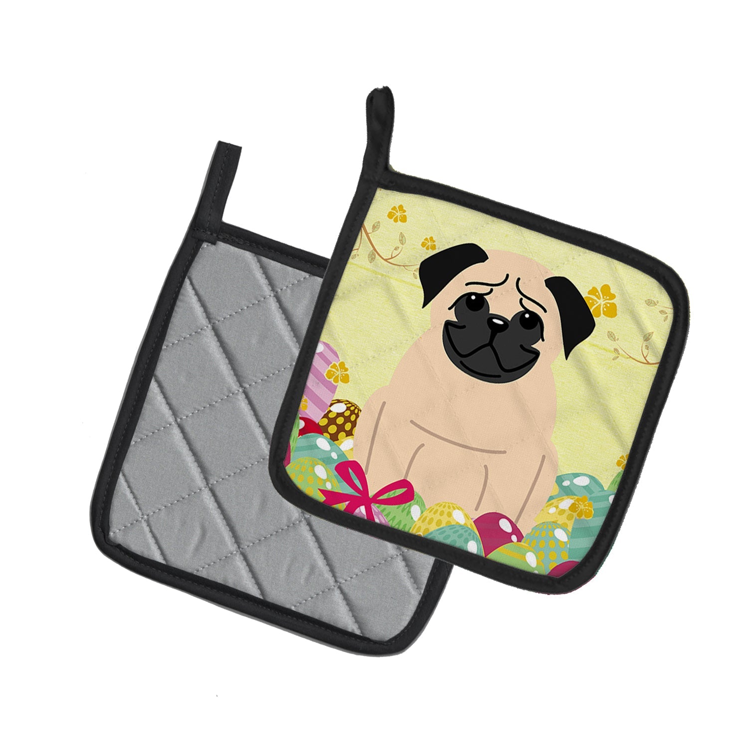 Easter Eggs Pug Fawn Pot Holder Set of 2 Heat Resistant Quilted Hot Pads 7.5 x 7.5 Inch, Insulated Kitchen Trivets for Cooking & Baking