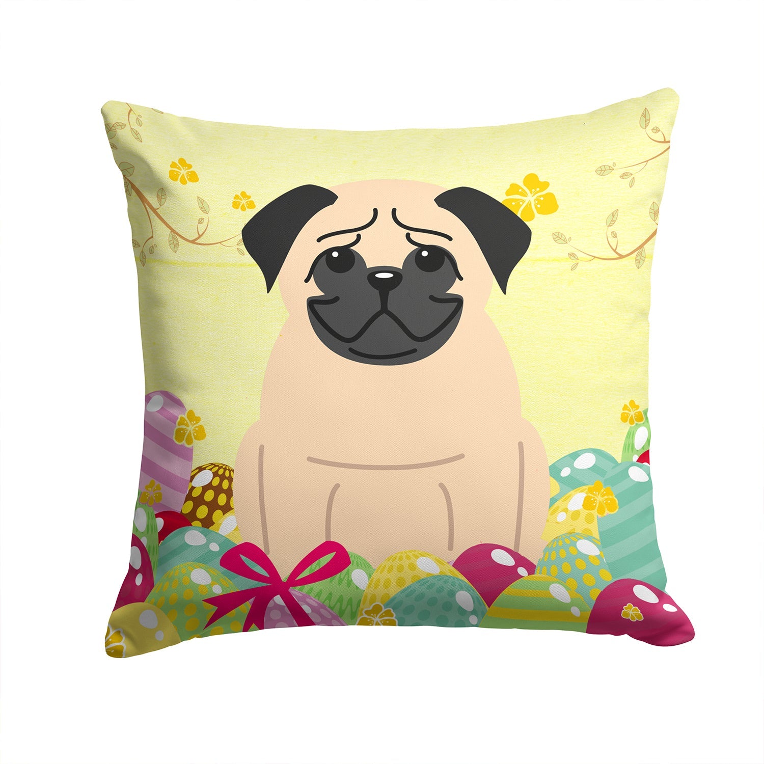 Easter Eggs Pug Fawn Decorative Throw Pillow 14x14 Indoor Outdoor Accent Cushion, Fabric Cover with Insert for Sofa, Bed, Porch & Living Room