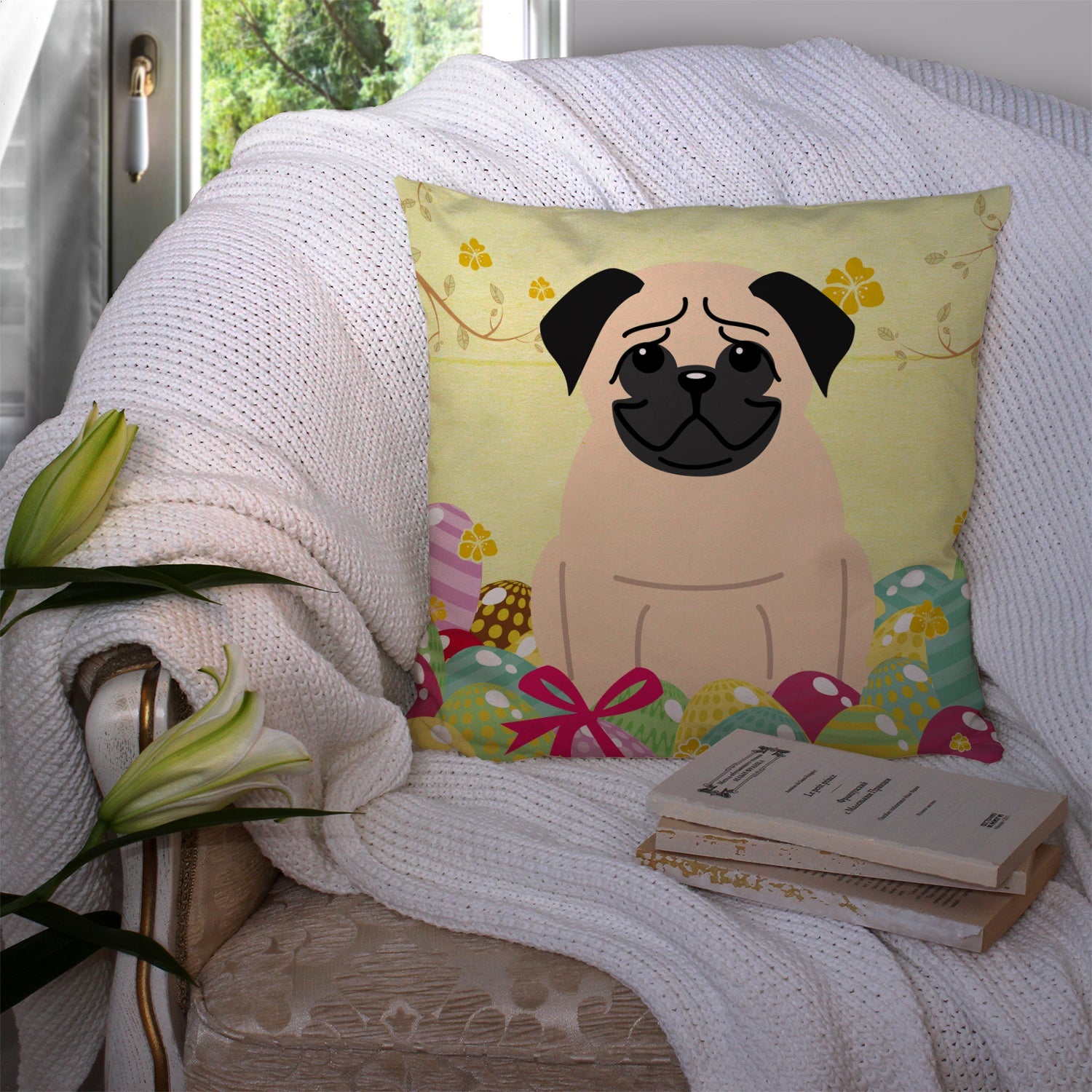 Easter Eggs Pug Fawn Decorative Throw Pillow 14x14 Indoor Outdoor Accent Cushion, Fabric Cover with Insert for Sofa, Bed, Porch & Living Room