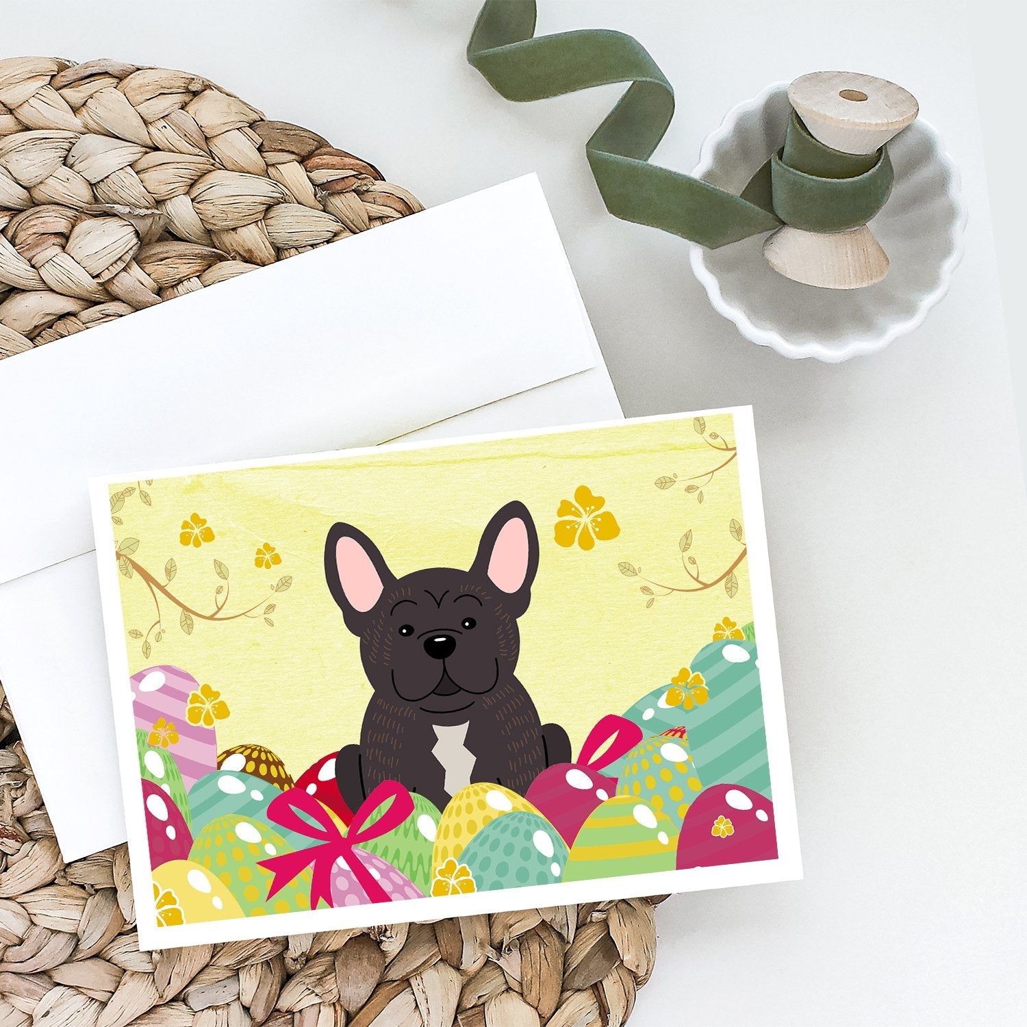 Easter Eggs French Bulldog Brindle Greeting Cards Pack of 8 Blank Cards with Envelopes Whimsical A7 Size 5x7