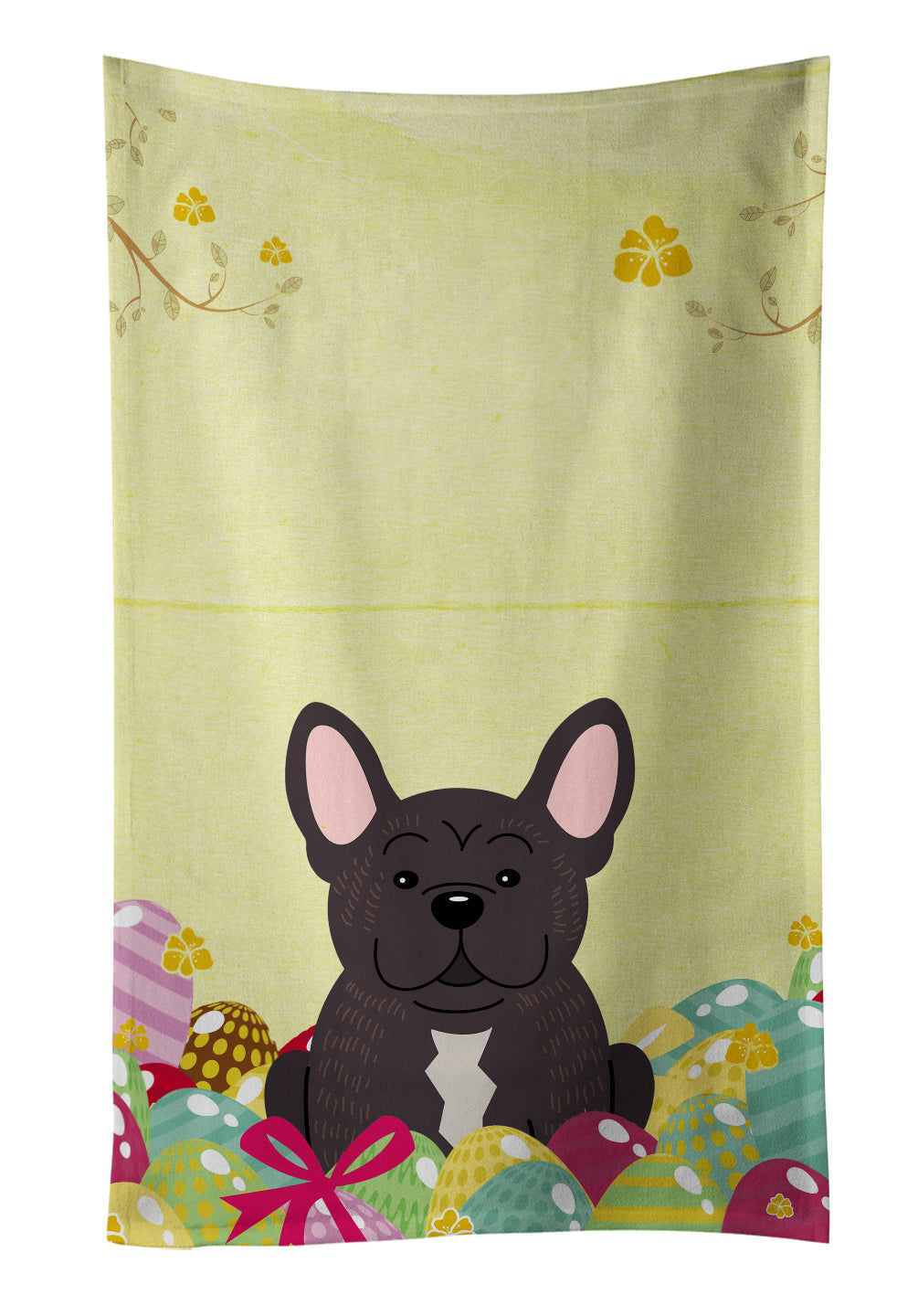 Easter Eggs French Bulldog Brindle Kitchen Towel Velour Plush Front and Cotton Loop Back Machine Washable