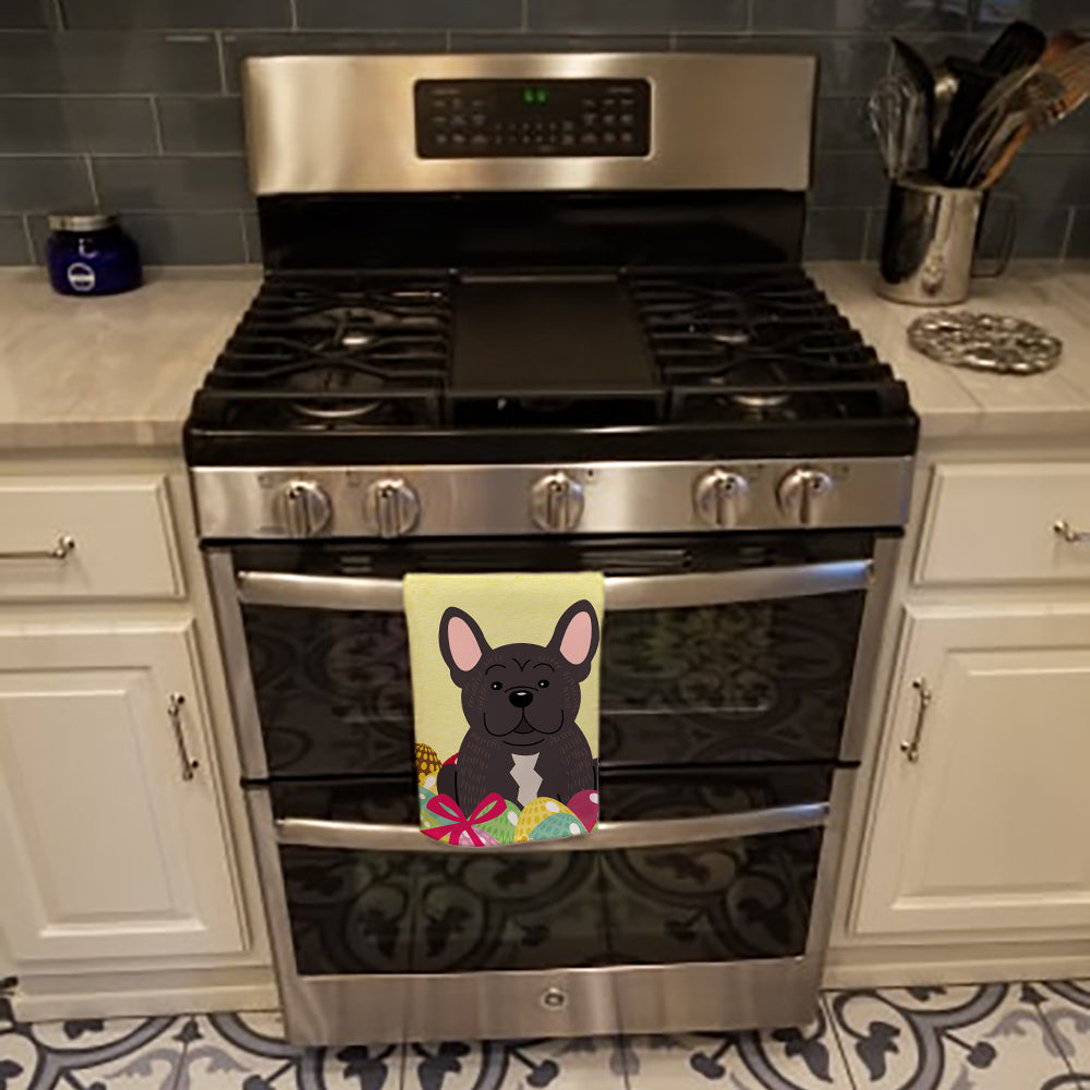 Easter Eggs French Bulldog Brindle Kitchen Towel Velour Plush Front and Cotton Loop Back Machine Washable