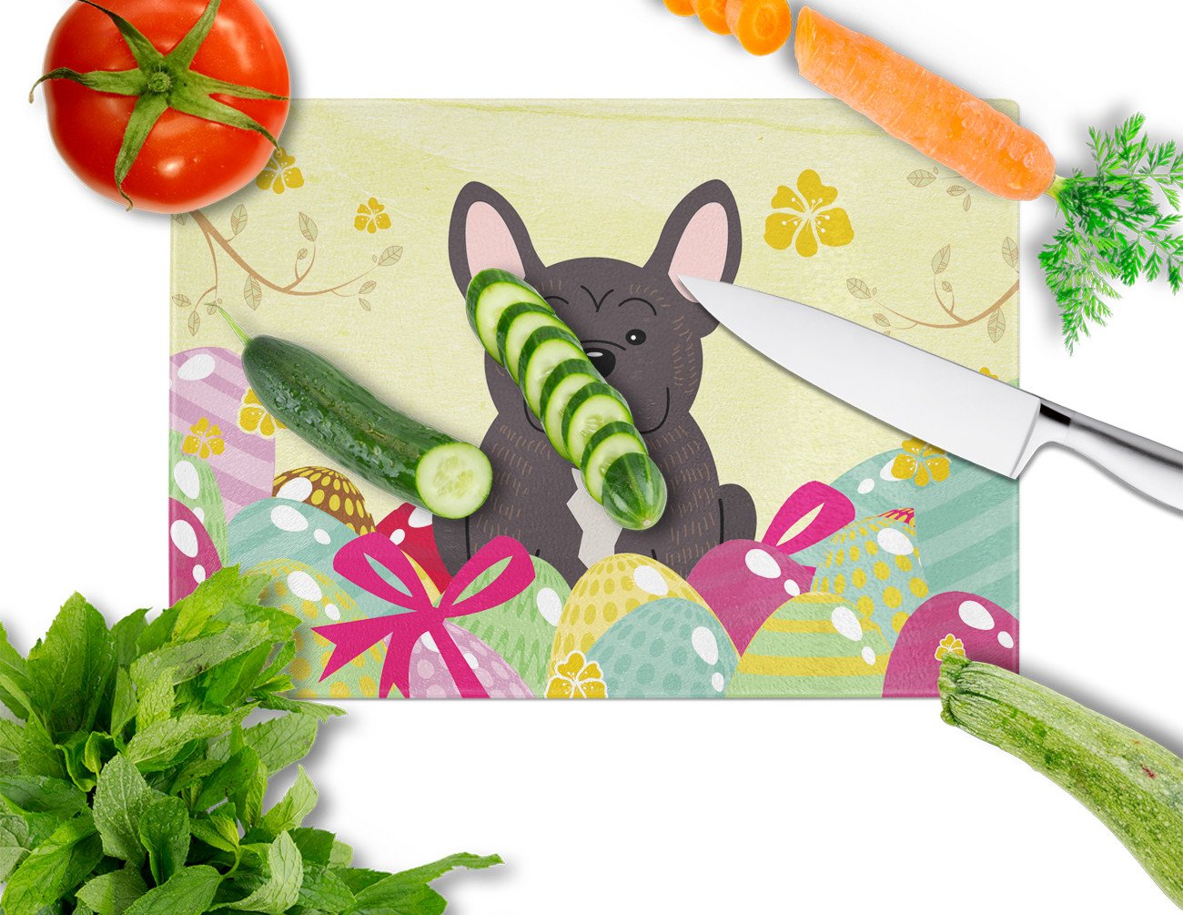 Easter Eggs French Bulldog Brindle Cutting Board Tempered Glass Kitchen Cutting Surface, Heat Resistant Chopping, Non-Slip Feet, Food Prep & Serving