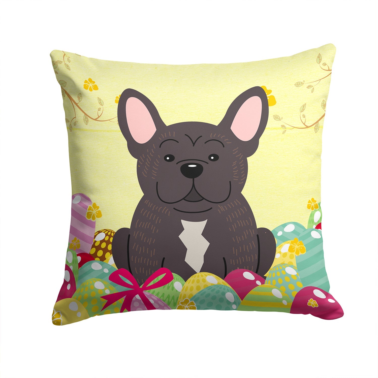Easter Eggs French Bulldog Brindle Decorative Throw Pillow 14x14 Indoor Outdoor Accent Cushion, Fabric Cover with Insert for Sofa, Bed, Porch & Living Room