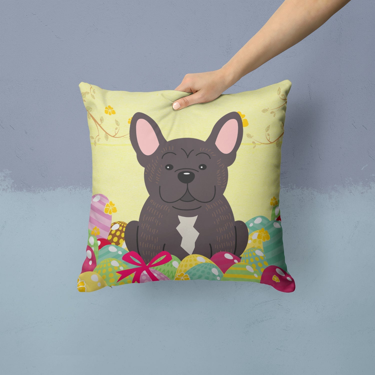 Easter Eggs French Bulldog Brindle Decorative Throw Pillow 14x14 Indoor Outdoor Accent Cushion, Fabric Cover with Insert for Sofa, Bed, Porch & Living Room