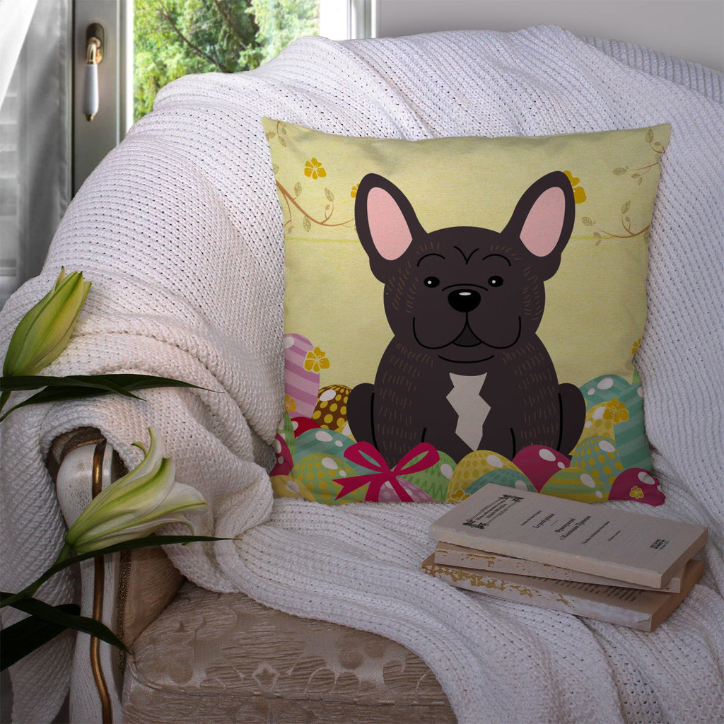 Easter Eggs French Bulldog Brindle Decorative Throw Pillow 14x14 Indoor Outdoor Accent Cushion, Fabric Cover with Insert for Sofa, Bed, Porch & Living Room