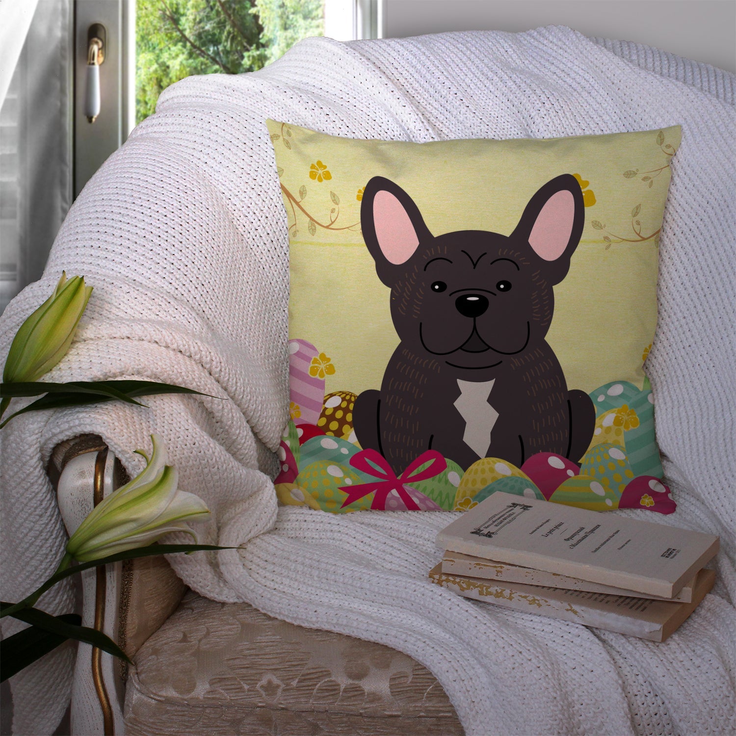 Easter Eggs French Bulldog Brindle Decorative Throw Pillow 14x14 Indoor Outdoor Accent Cushion, Fabric Cover with Insert for Sofa, Bed, Porch & Living Room