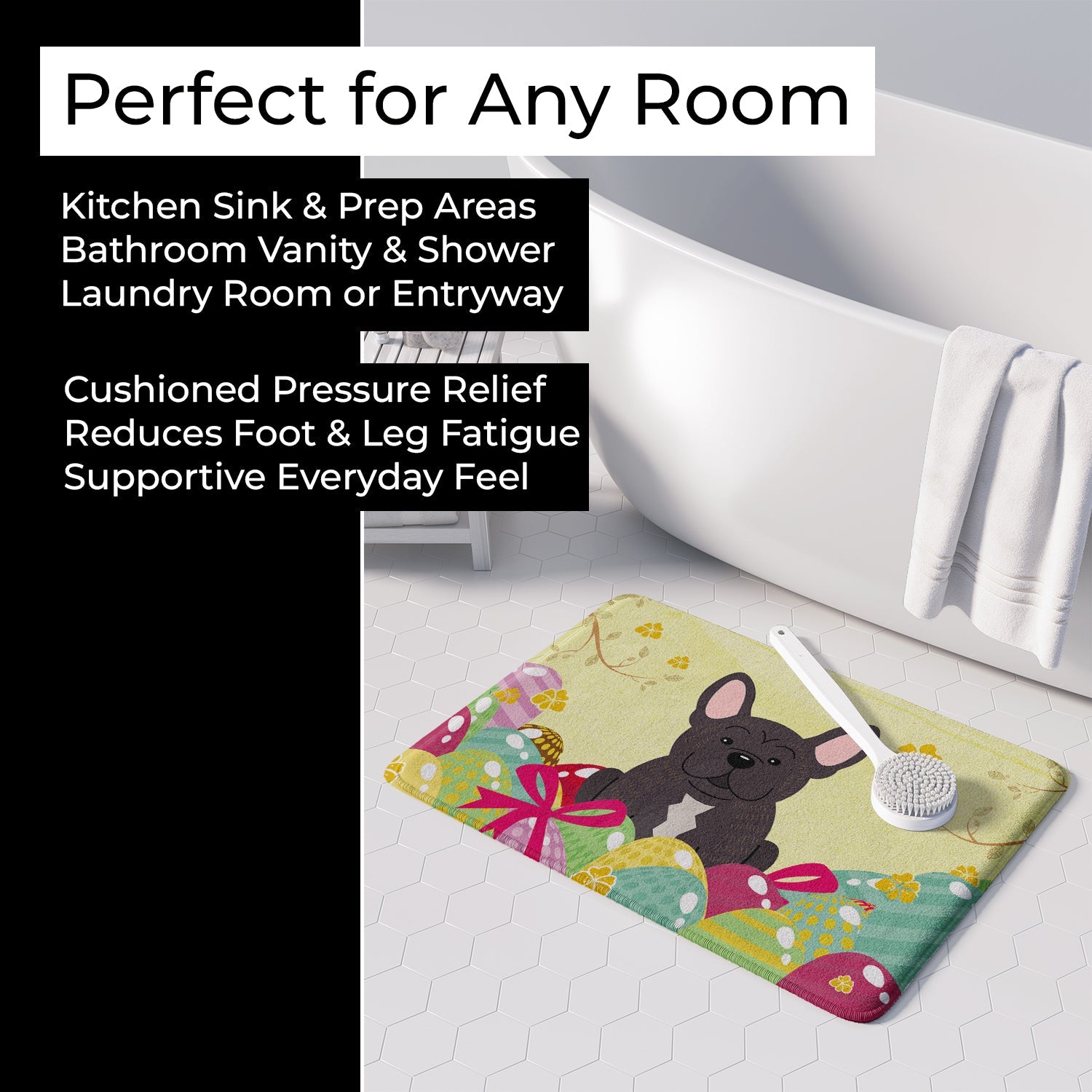 Easter Eggs French Bulldog Brindle Memory Foam Kitchen Mat Machine Washable Anti-Fatigue Cushion Comfort Bath or Kitchen Rug