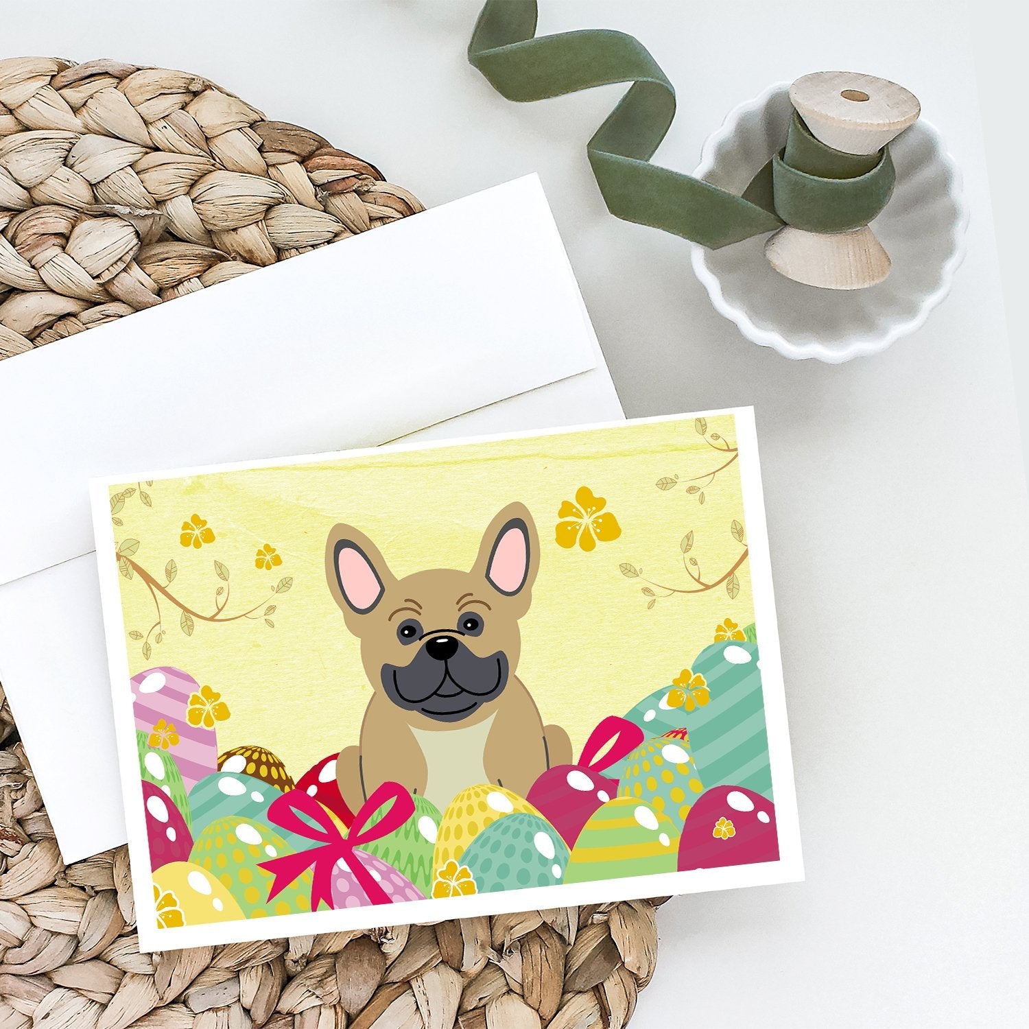 Easter Eggs French Bulldog Cream Greeting Cards Pack of 8 Blank Cards with Envelopes Whimsical A7 Size 5x7