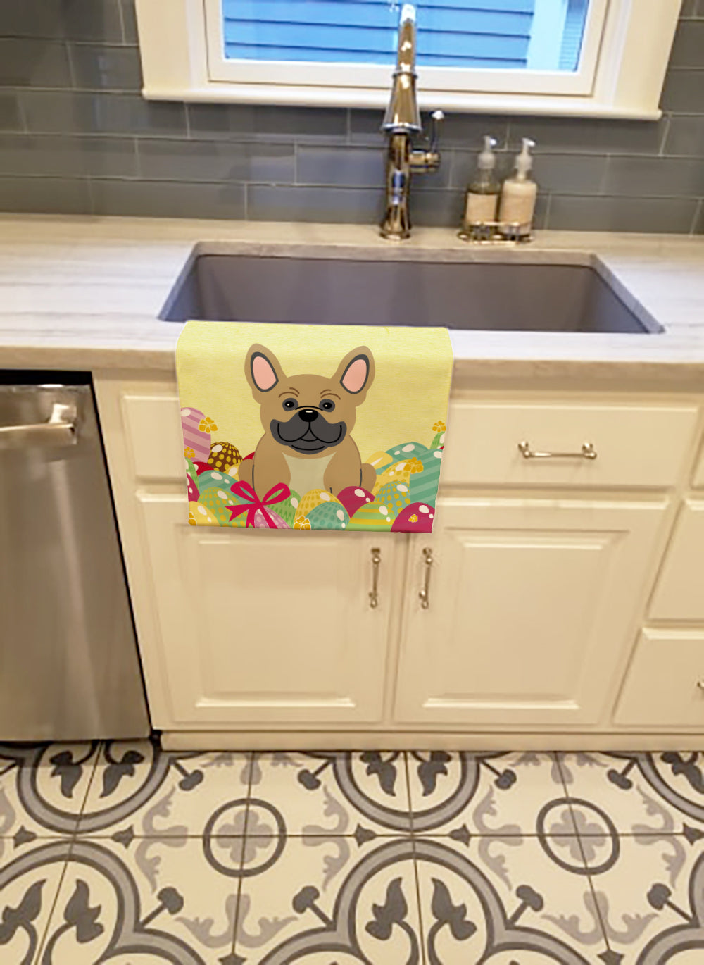 Easter Eggs French Bulldog Cream Kitchen Towel Velour Plush Front and Cotton Loop Back Machine Washable