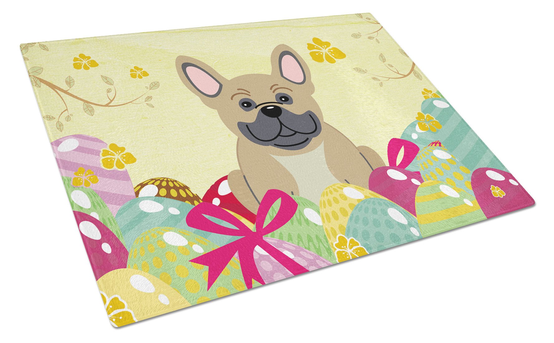 Easter Eggs French Bulldog Cream Cutting Board Tempered Glass Kitchen Cutting Surface, Heat Resistant Chopping, Non-Slip Feet, Food Prep & Serving