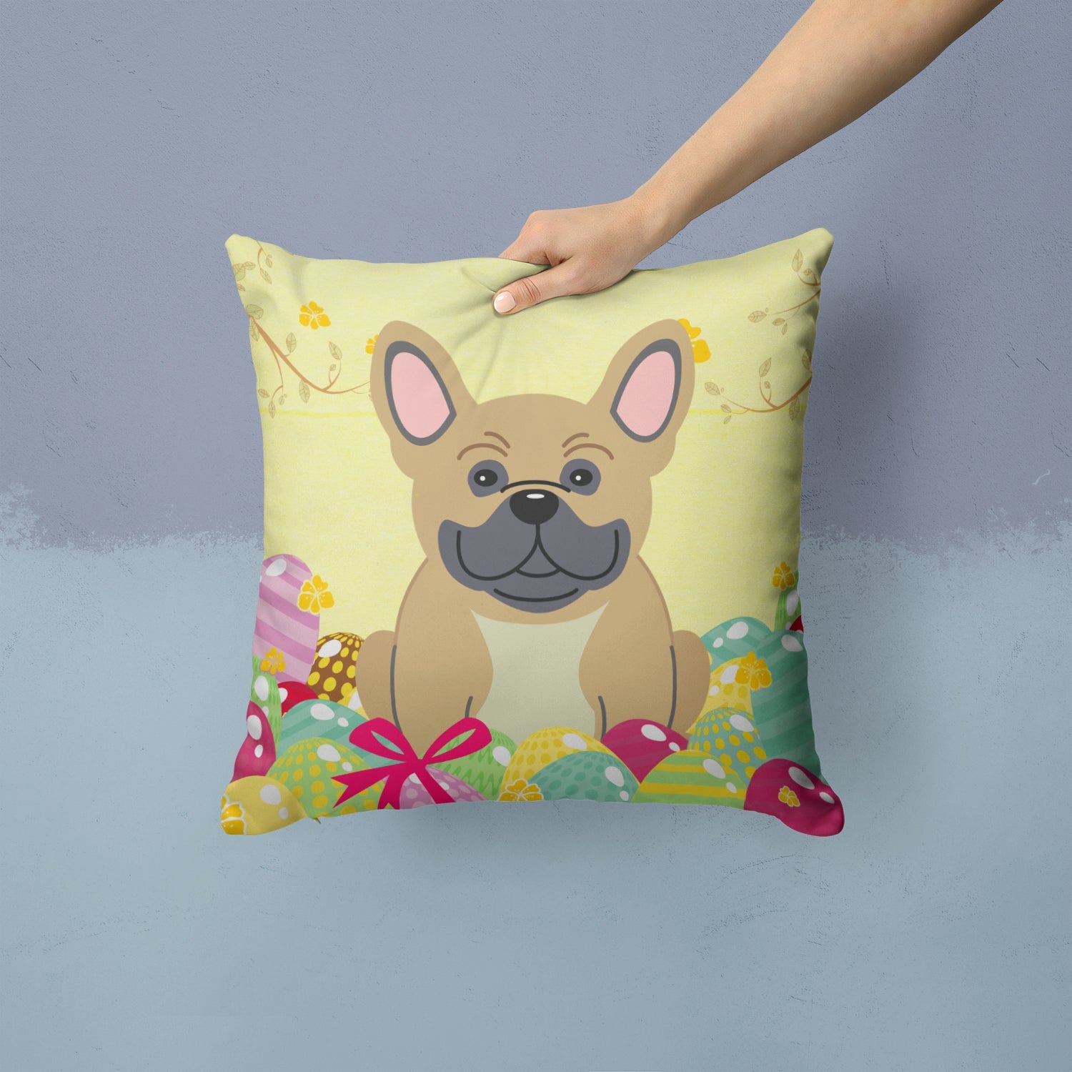 Easter Eggs French Bulldog Cream Decorative Throw Pillow 14x14 Indoor Outdoor Accent Cushion, Fabric Cover with Insert for Sofa, Bed, Porch & Living Room