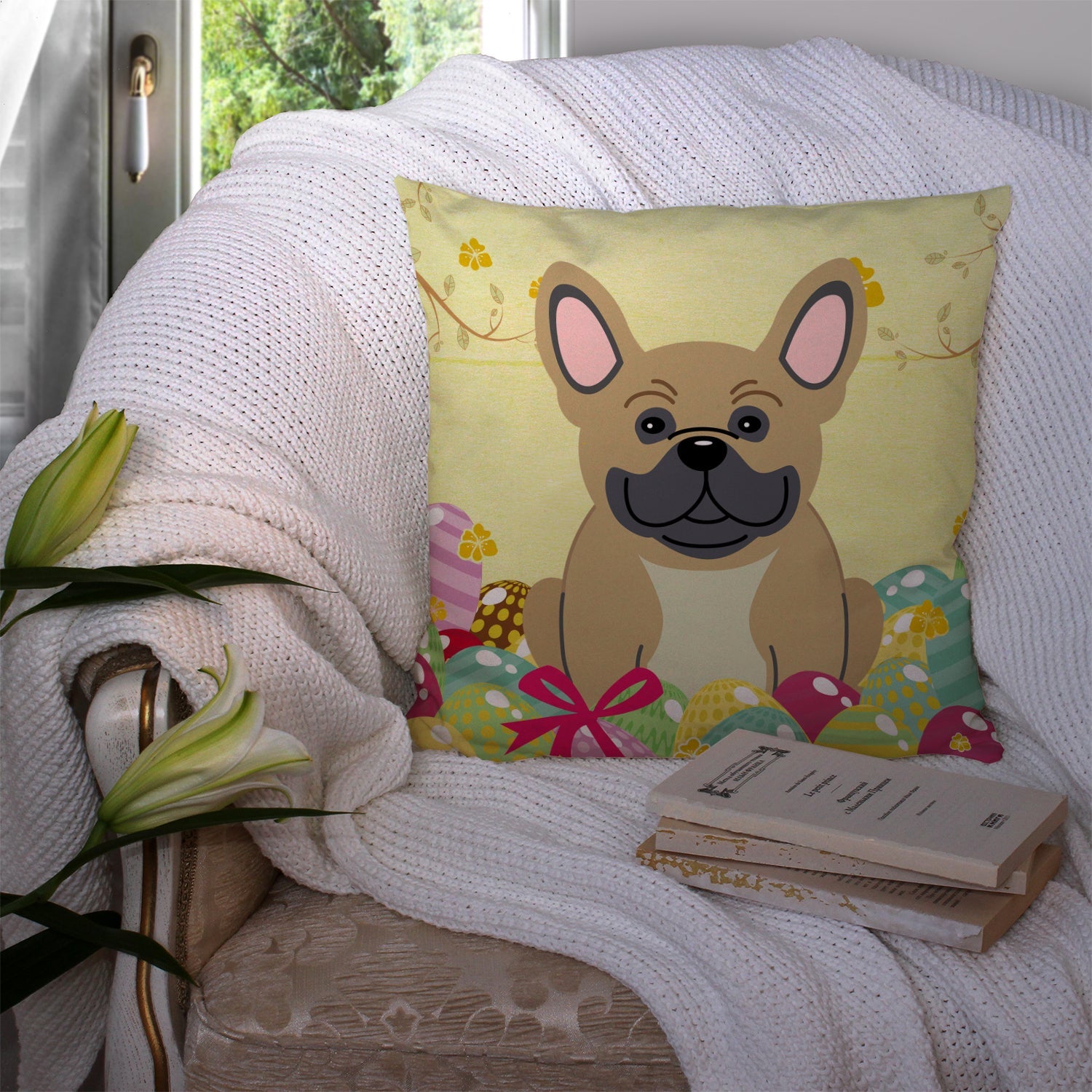 Easter Eggs French Bulldog Cream Decorative Throw Pillow 14x14 Indoor Outdoor Accent Cushion, Fabric Cover with Insert for Sofa, Bed, Porch & Living Room
