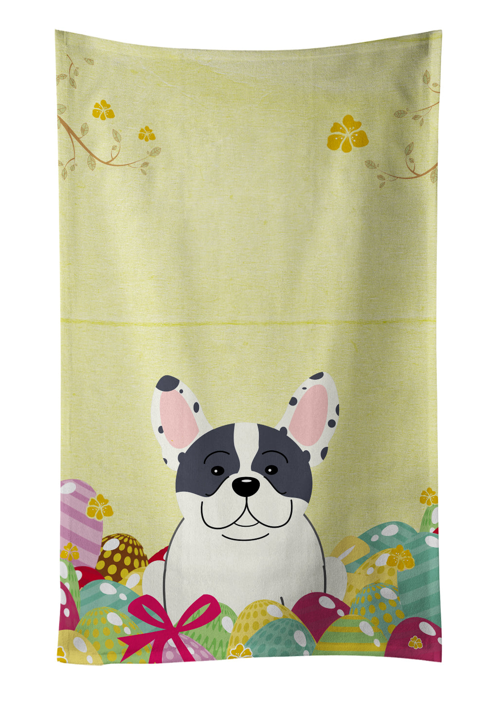 Easter Eggs French Bulldog Piebald Kitchen Towel Velour Plush Front and Cotton Loop Back Machine Washable