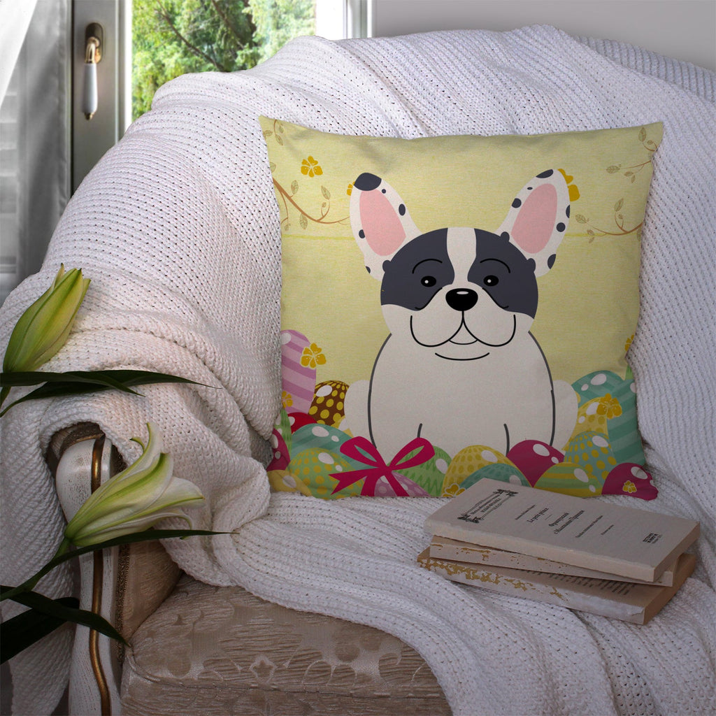 Easter Eggs French Bulldog Piebald Decorative Throw Pillow 14x14 Indoor Outdoor Accent Cushion, Fabric Cover with Insert for Sofa, Bed, Porch & Living Room