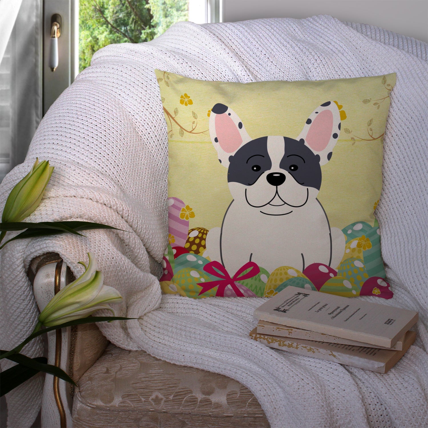 Easter Eggs French Bulldog Piebald Decorative Throw Pillow 14x14 Indoor Outdoor Accent Cushion, Fabric Cover with Insert for Sofa, Bed, Porch & Living Room