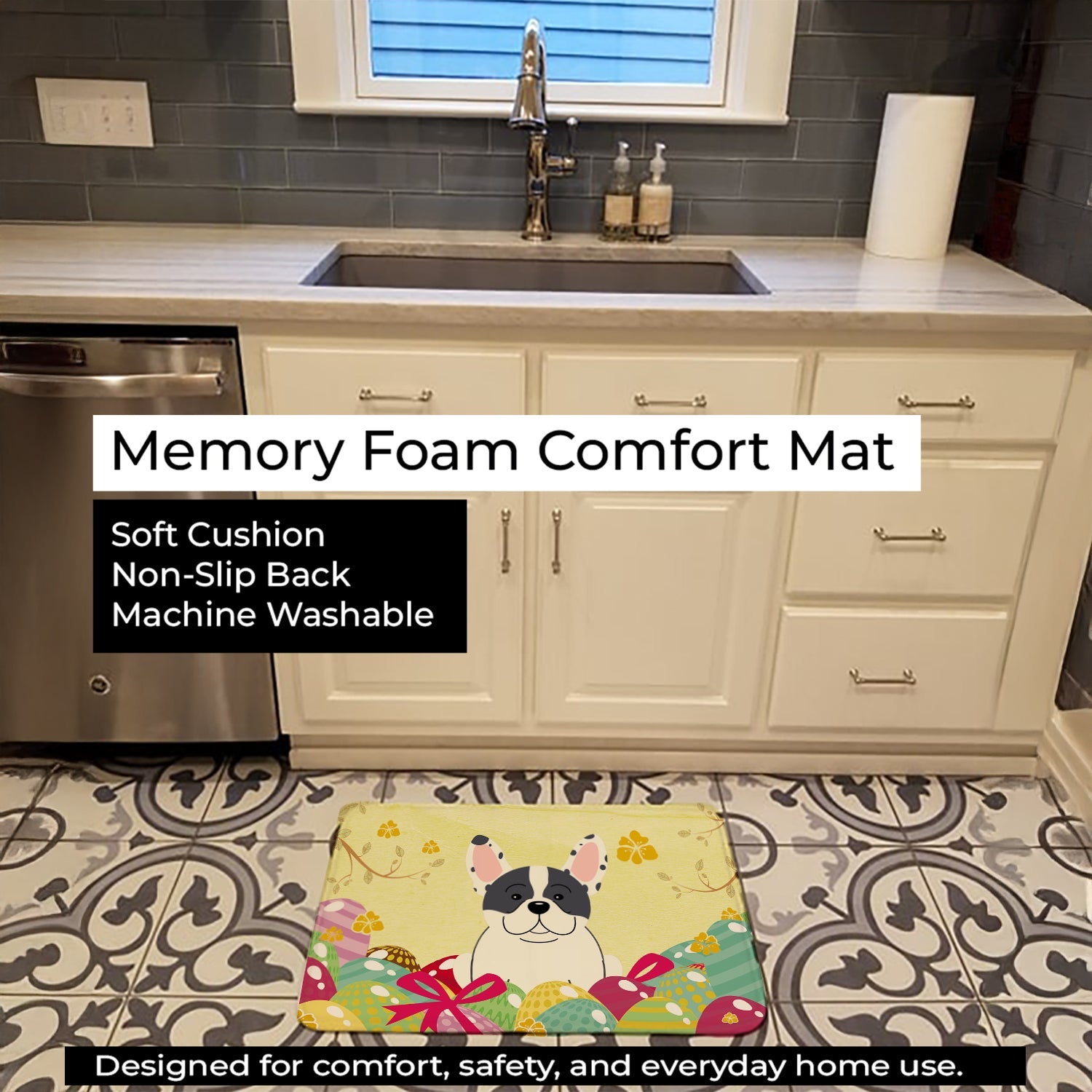 Easter Eggs French Bulldog Piebald Memory Foam Kitchen Mat Machine Washable Anti-Fatigue Cushion Comfort Bath or Kitchen Rug