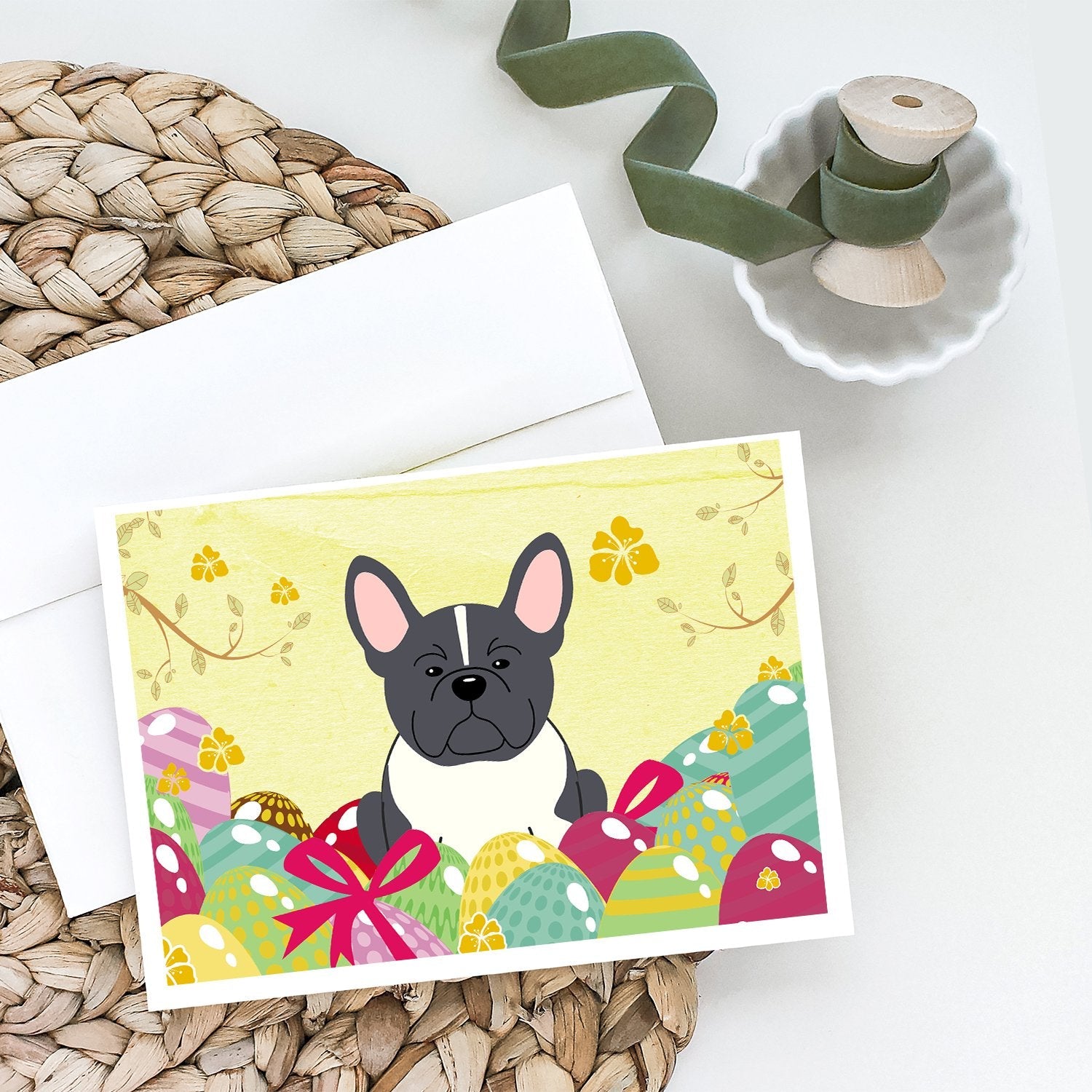 Easter Eggs French Bulldog Black White Greeting Cards Pack of 8 Blank Cards with Envelopes Whimsical A7 Size 5x7