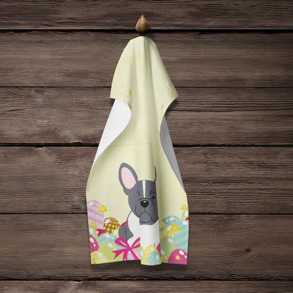 Easter Eggs French Bulldog Black White Kitchen Towel Velour Plush Front and Cotton Loop Back Machine Washable