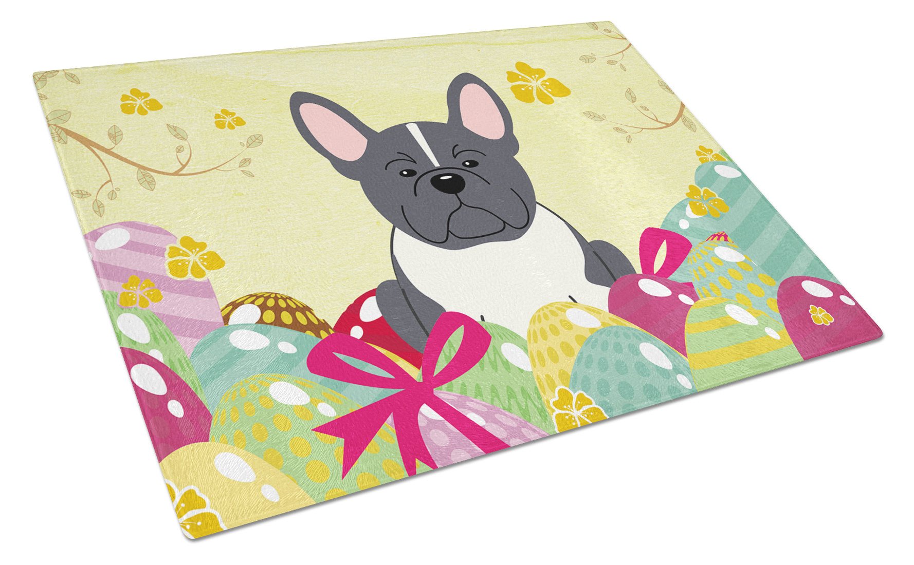 Easter Eggs French Bulldog Black White Cutting Board Tempered Glass Kitchen Cutting Surface, Heat Resistant Chopping, Non-Slip Feet, Food Prep & Serving