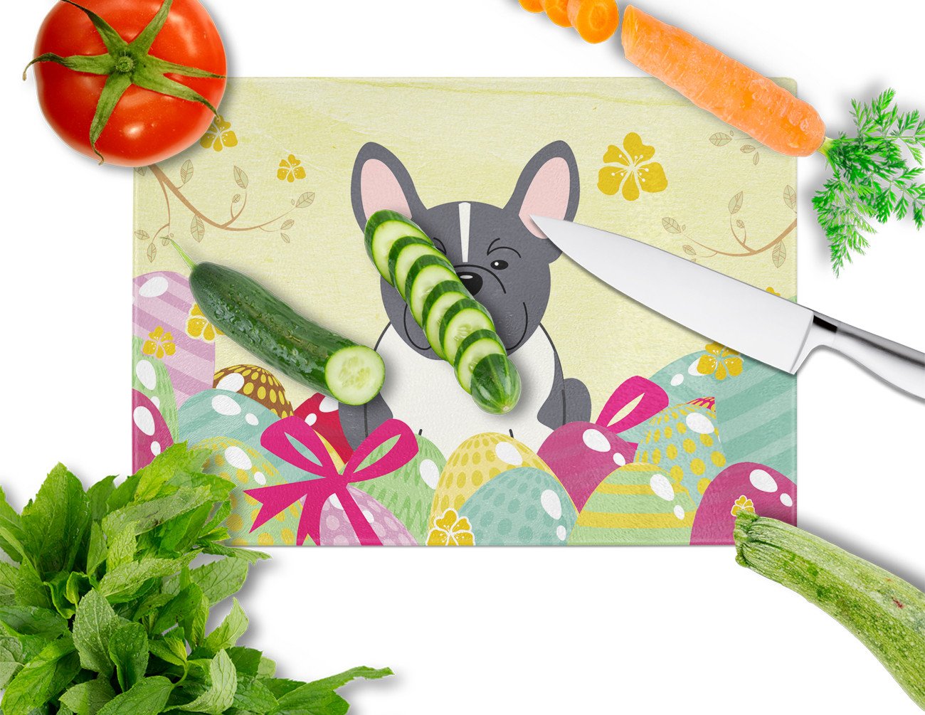 Easter Eggs French Bulldog Black White Cutting Board Tempered Glass Kitchen Cutting Surface, Heat Resistant Chopping, Non-Slip Feet, Food Prep & Serving
