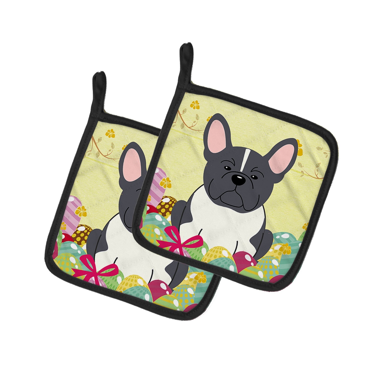 Easter Eggs French Bulldog Black White Pot Holder Set of 2 Heat Resistant Quilted Hot Pads 7.5 x 7.5 Inch, Insulated Kitchen Trivets for Cooking & Baking