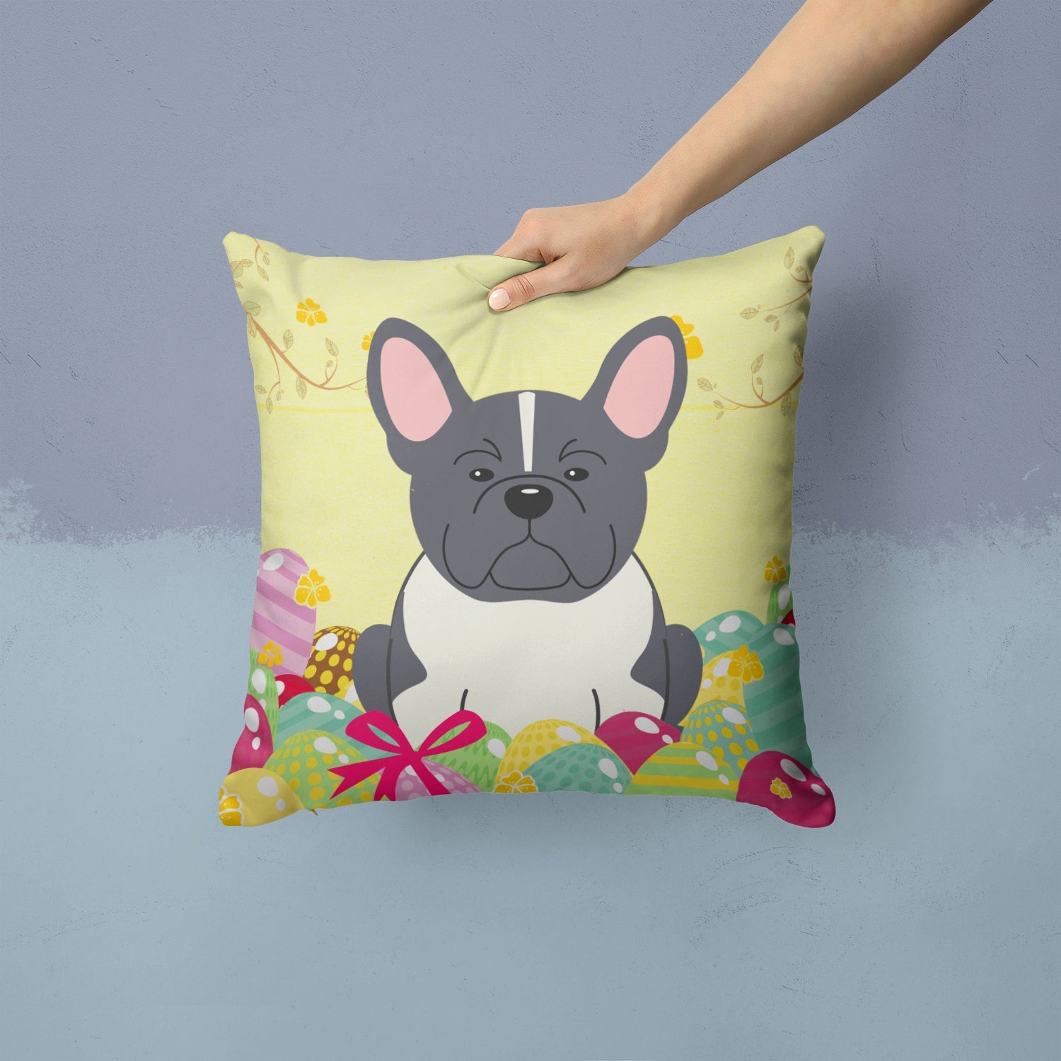 Easter Eggs French Bulldog Black White Decorative Throw Pillow 14x14 Indoor Outdoor Accent Cushion, Fabric Cover with Insert for Sofa, Bed, Porch & Living Room