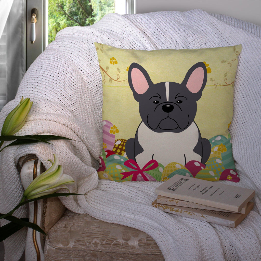 Easter Eggs French Bulldog Black White Decorative Throw Pillow 14x14 Indoor Outdoor Accent Cushion, Fabric Cover with Insert for Sofa, Bed, Porch & Living Room