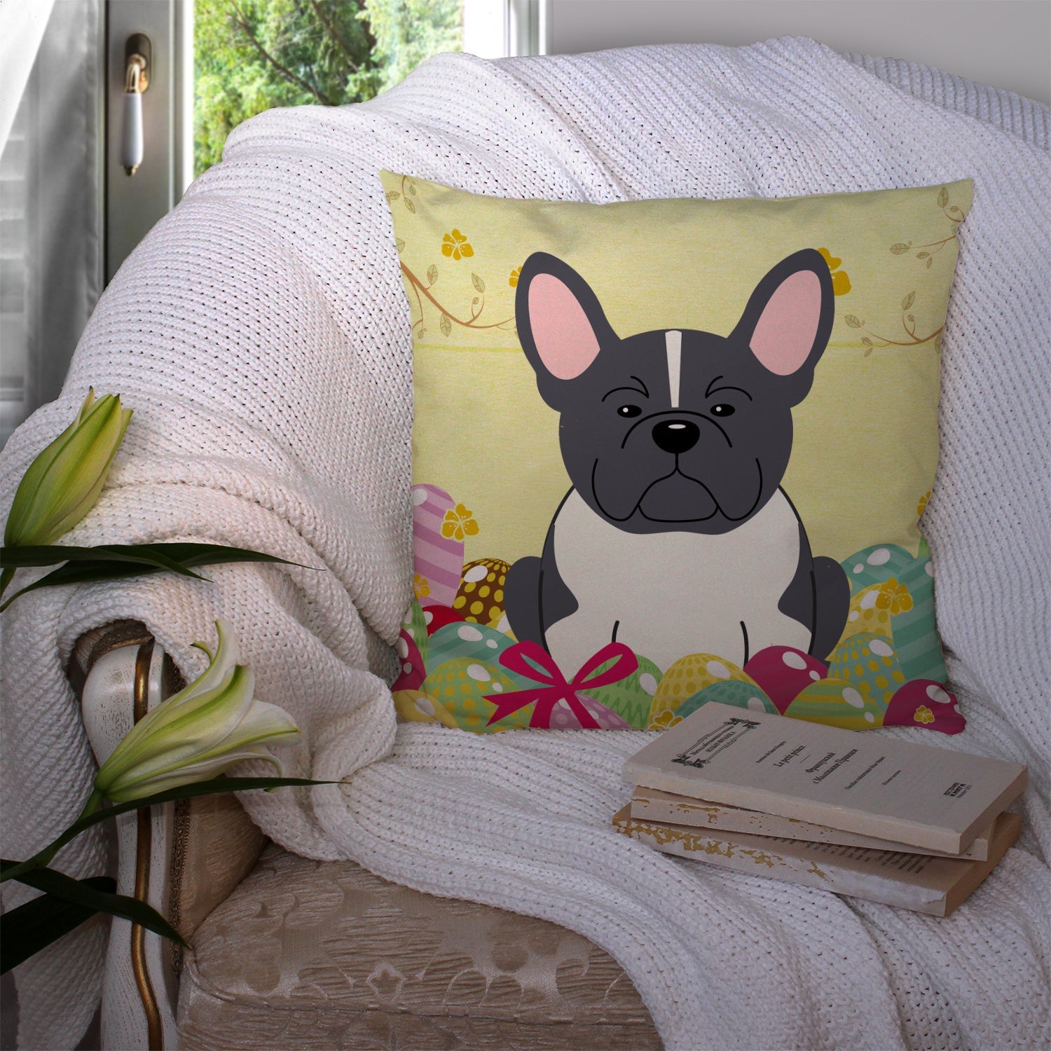 Easter Eggs French Bulldog Black White Decorative Throw Pillow 14x14 Indoor Outdoor Accent Cushion, Fabric Cover with Insert for Sofa, Bed, Porch & Living Room