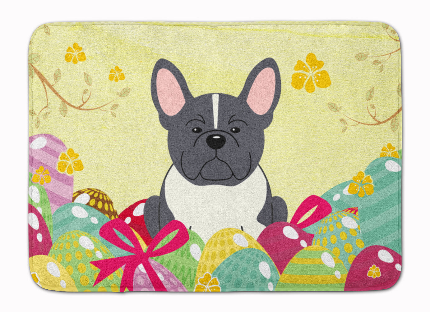 Easter Eggs French Bulldog Black White Memory Foam Kitchen Mat Machine Washable Anti-Fatigue Cushion Comfort Bath or Kitchen Rug