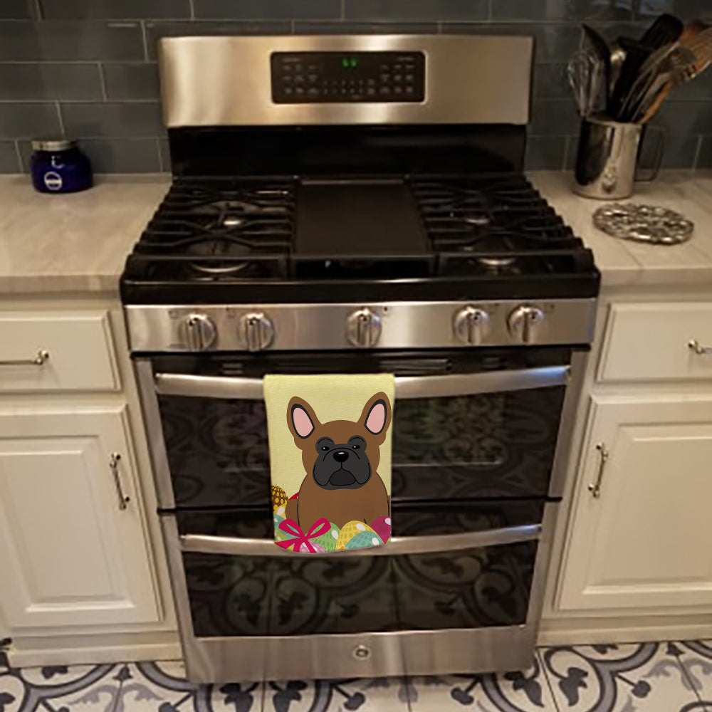 Easter Eggs French Bulldog Brown Kitchen Towel Velour Plush Front and Cotton Loop Back Machine Washable