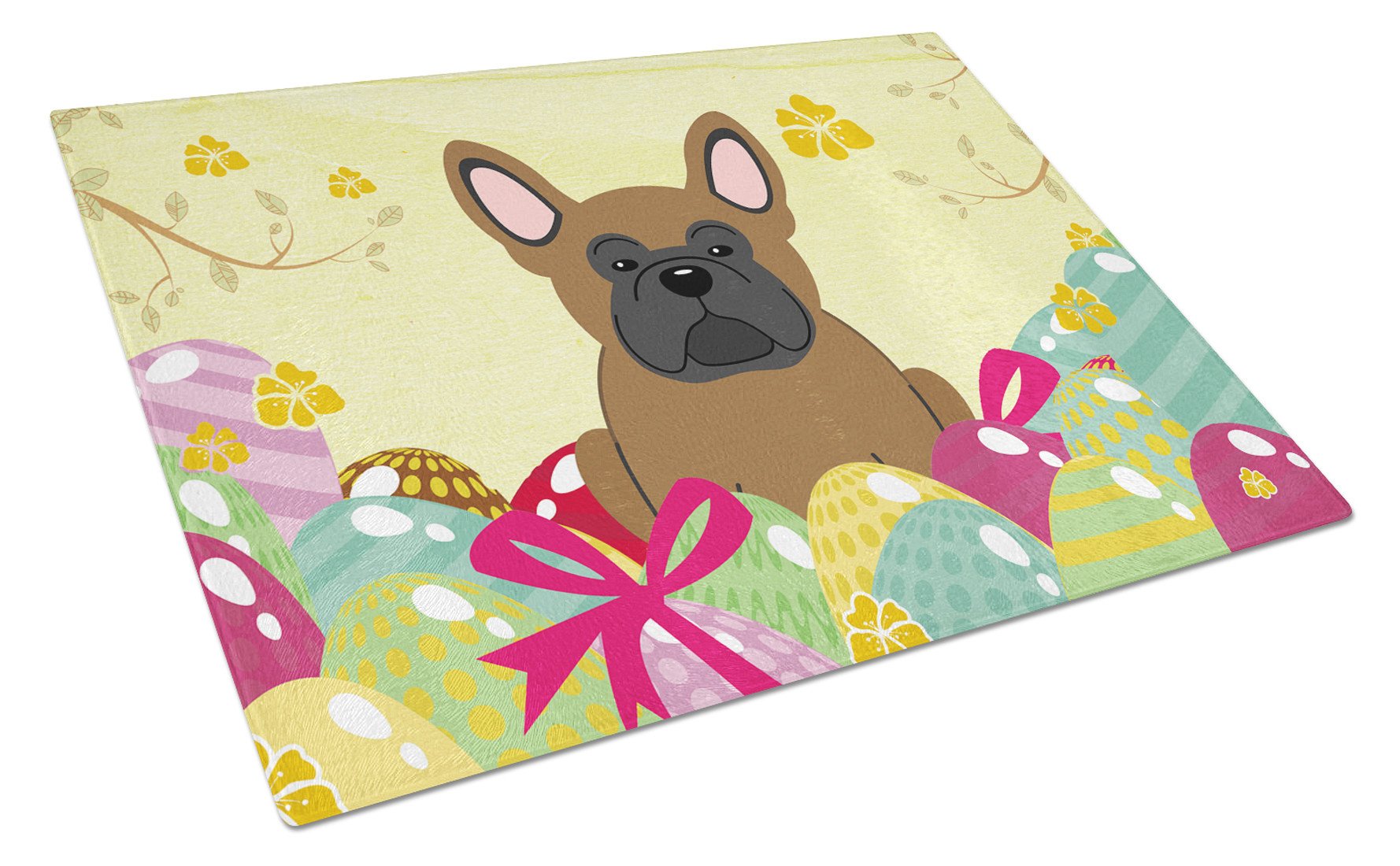 Easter Eggs French Bulldog Brown Cutting Board Tempered Glass Kitchen Cutting Surface, Heat Resistant Chopping, Non-Slip Feet, Food Prep & Serving