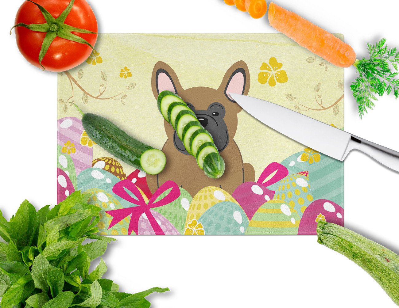 Easter Eggs French Bulldog Brown Cutting Board Tempered Glass Kitchen Cutting Surface, Heat Resistant Chopping, Non-Slip Feet, Food Prep & Serving
