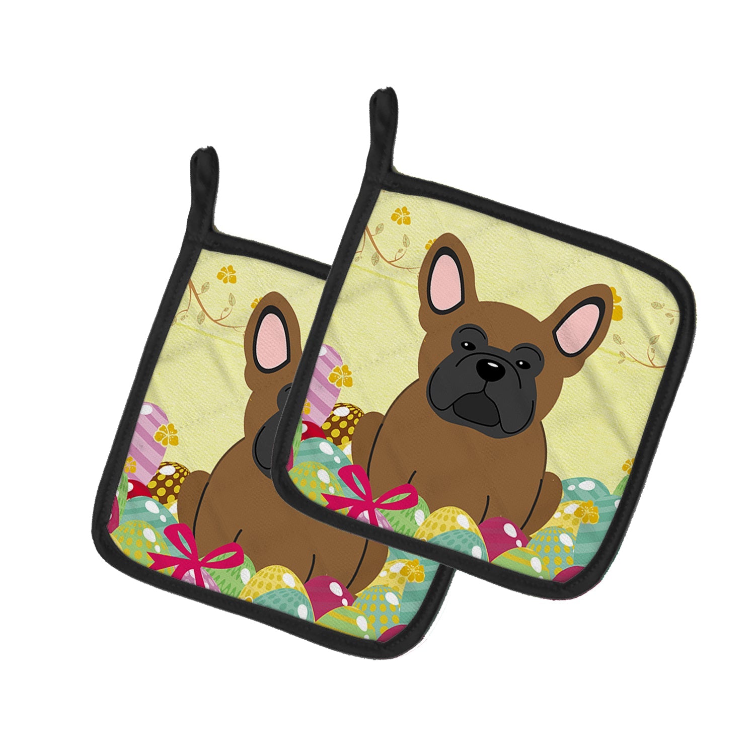 Easter Eggs French Bulldog Brown Pot Holder Set of 2 Heat Resistant Quilted Hot Pads 7.5 x 7.5 Inch, Insulated Kitchen Trivets for Cooking & Baking