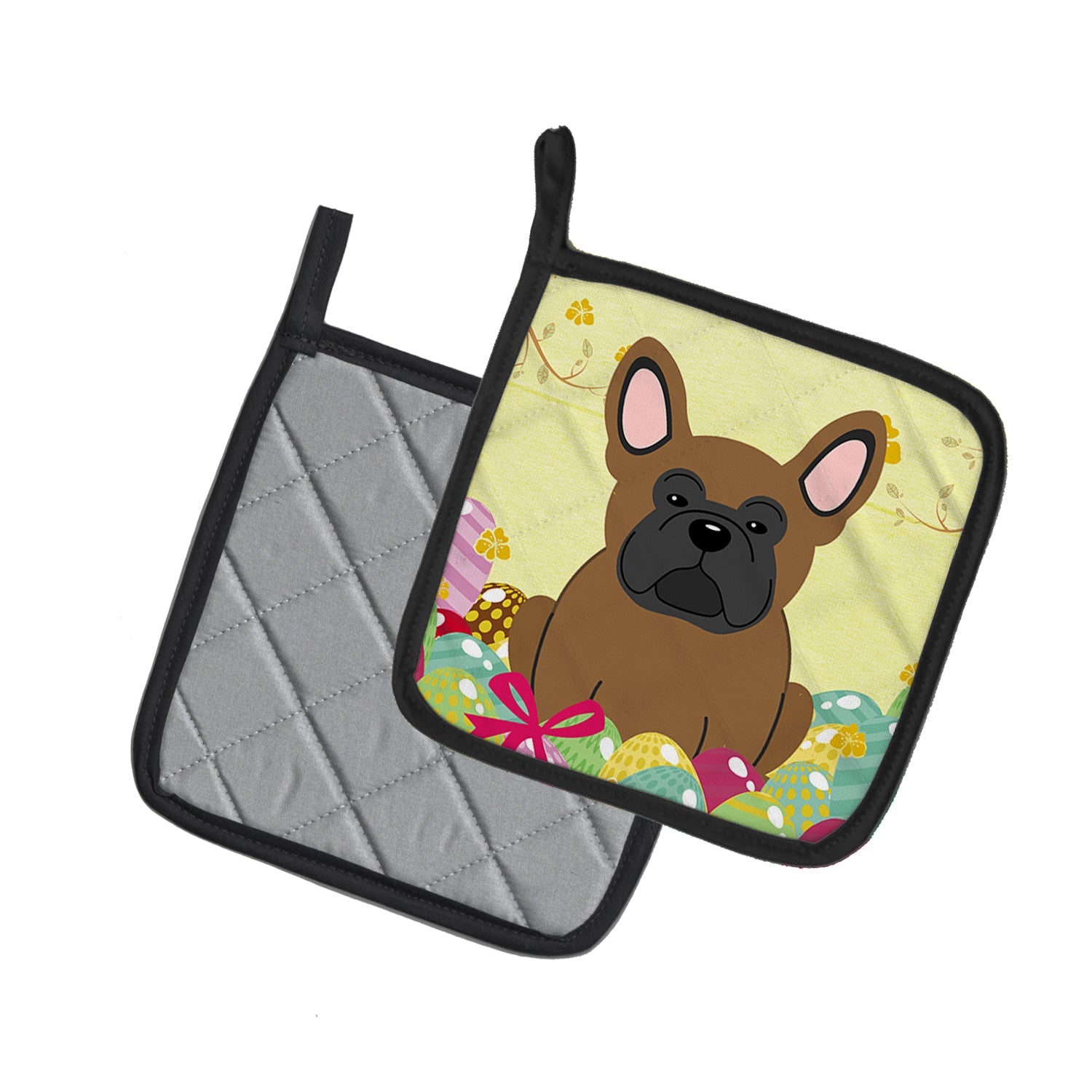 Easter Eggs French Bulldog Brown Pot Holder Set of 2 Heat Resistant Quilted Hot Pads 7.5 x 7.5 Inch, Insulated Kitchen Trivets for Cooking & Baking