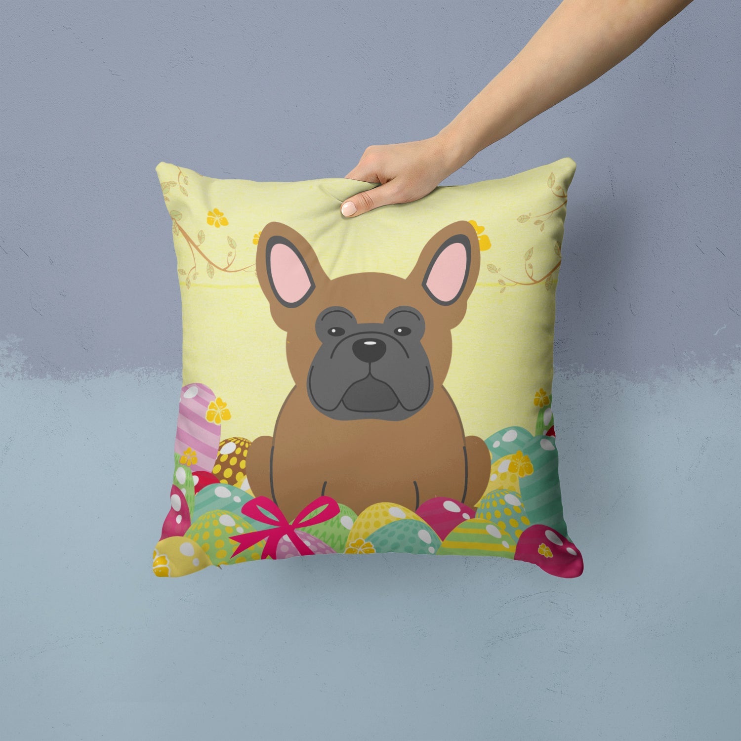 Easter Eggs French Bulldog Brown Decorative Throw Pillow 14x14 Indoor Outdoor Accent Cushion, Fabric Cover with Insert for Sofa, Bed, Porch & Living Room