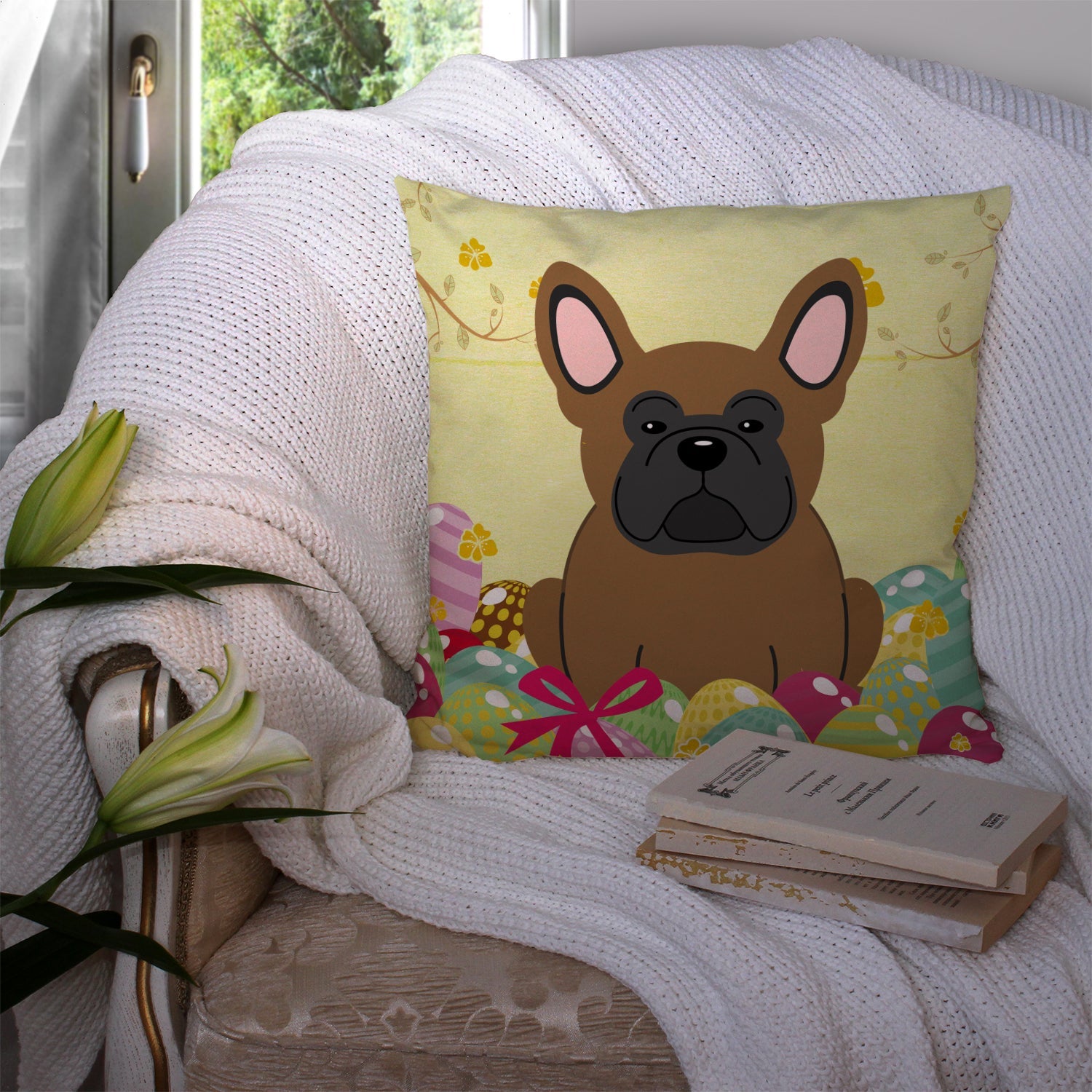 Easter Eggs French Bulldog Brown Decorative Throw Pillow 14x14 Indoor Outdoor Accent Cushion, Fabric Cover with Insert for Sofa, Bed, Porch & Living Room