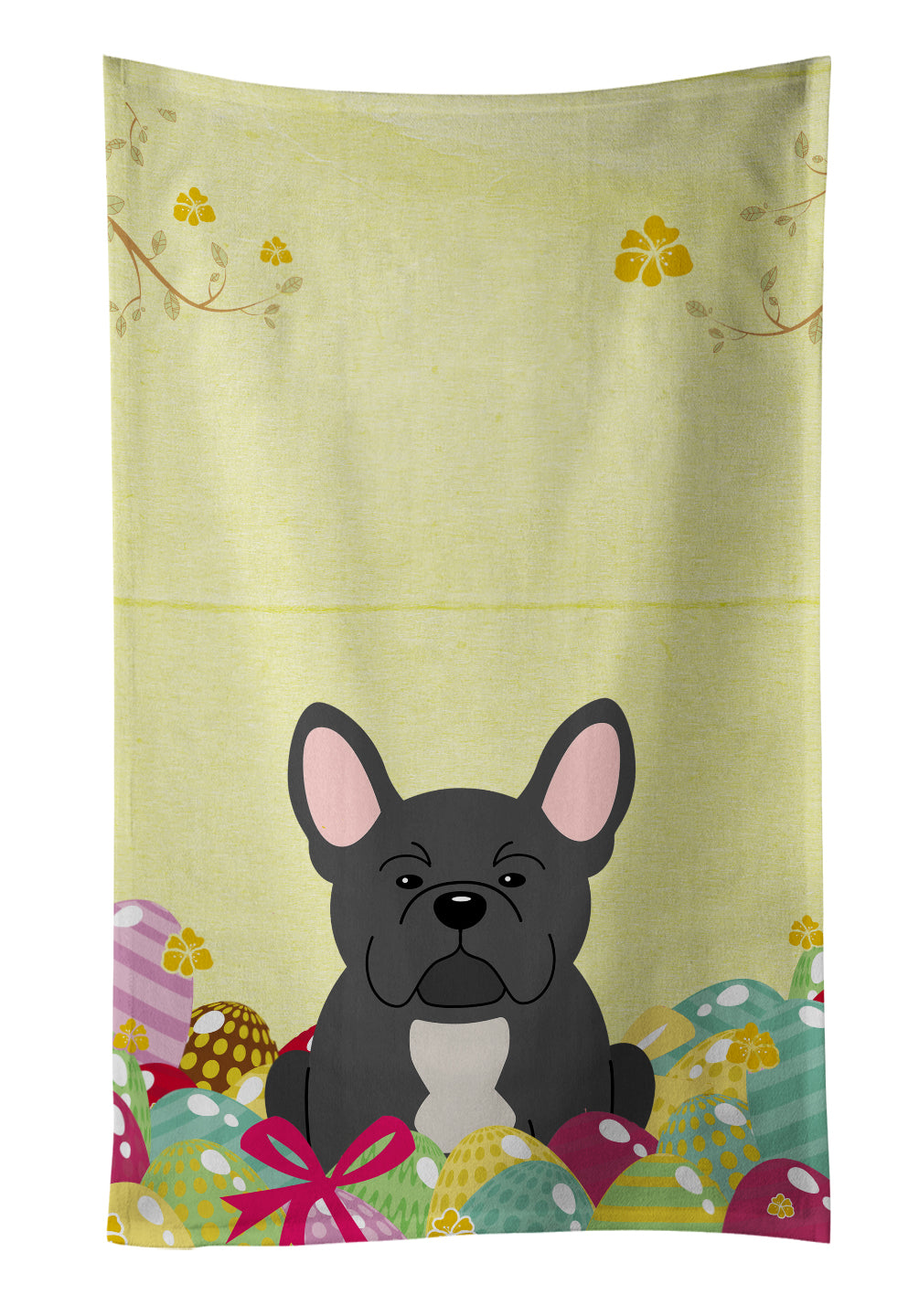 Easter Eggs French Bulldog Black Kitchen Towel Velour Plush Front and Cotton Loop Back Machine Washable
