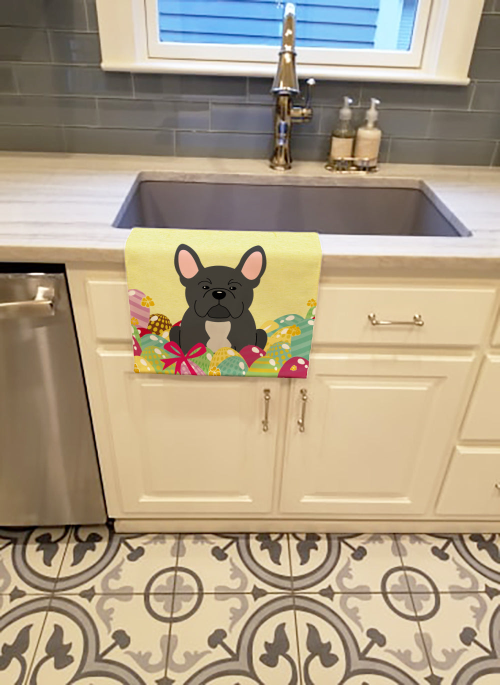 Easter Eggs French Bulldog Black Kitchen Towel Velour Plush Front and Cotton Loop Back Machine Washable