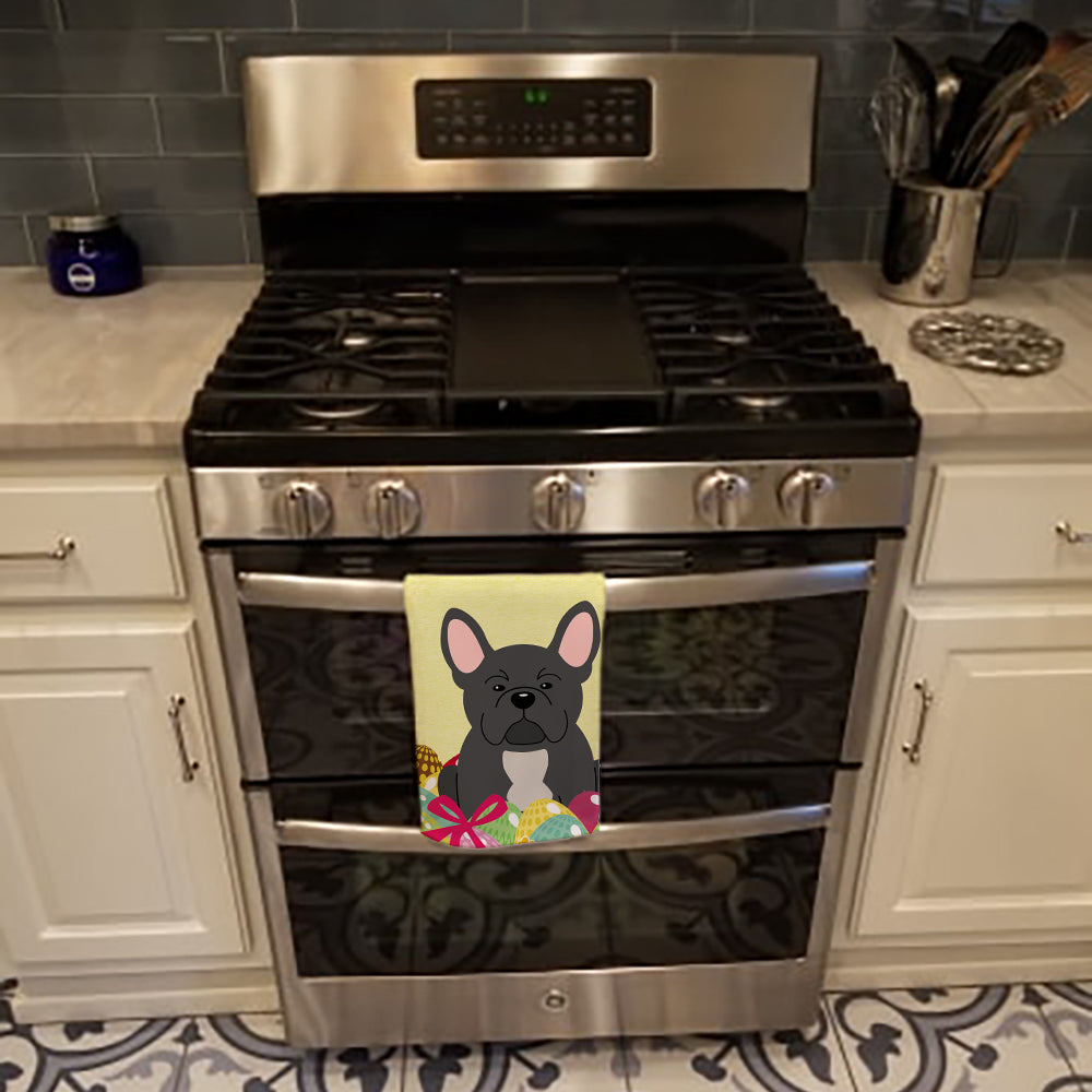 Easter Eggs French Bulldog Black Kitchen Towel Velour Plush Front and Cotton Loop Back Machine Washable